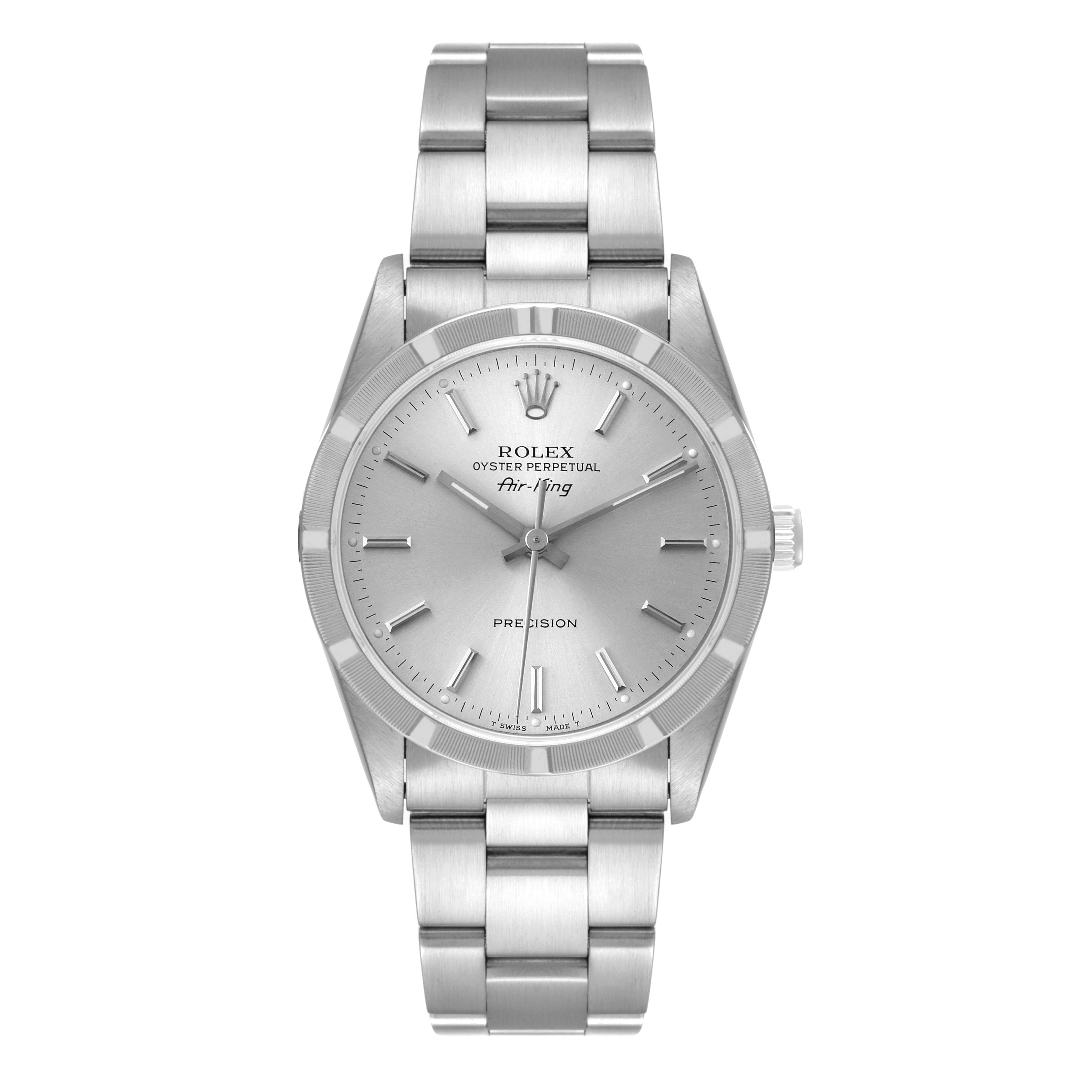 The Rolex Air-King 14010 Men's Stainless Steel Silver Dial 14010 Men's Stainless Steel Silver Dial watch is shown from the front, displaying its dial, bezel, and metal bracelet.