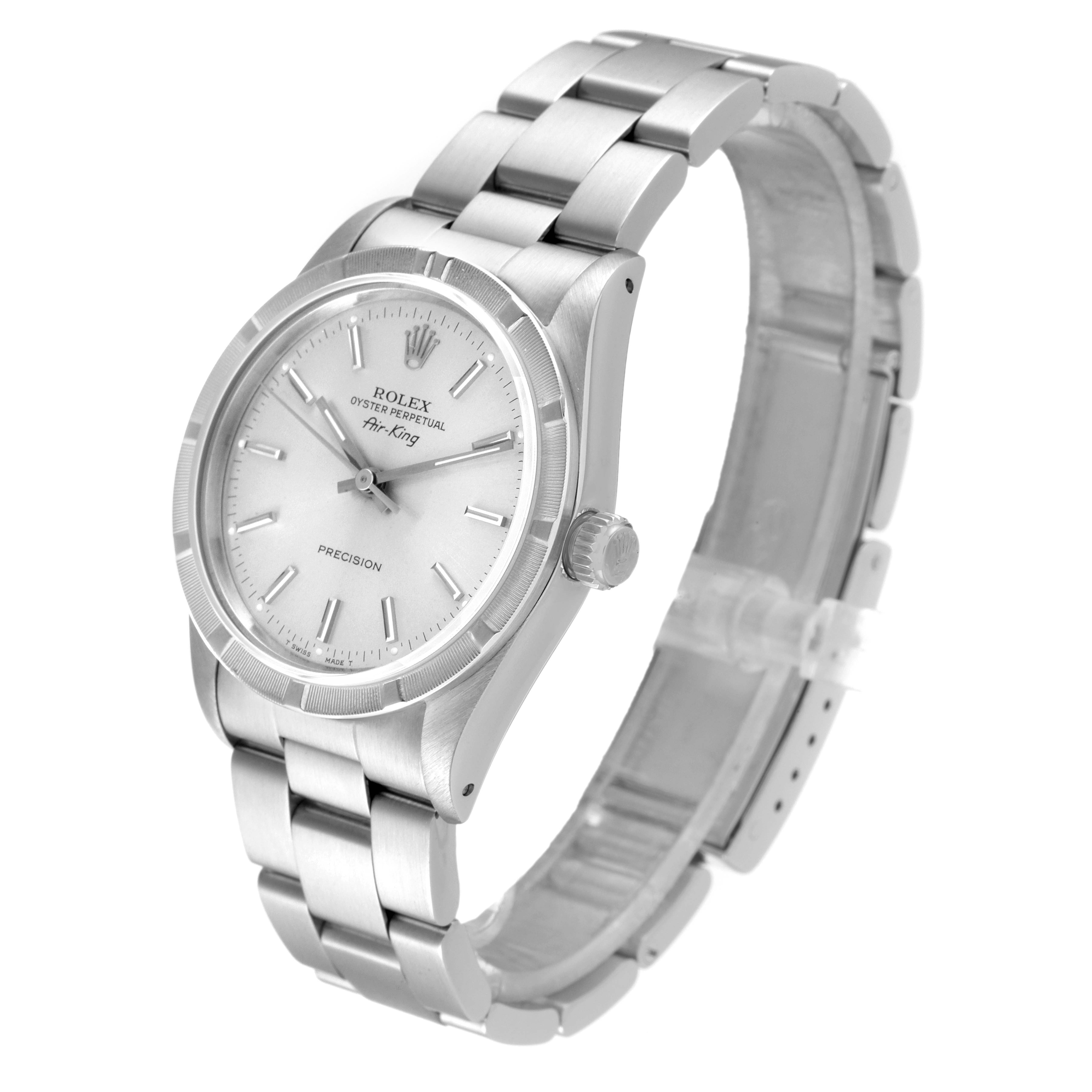 The Rolex Air-King 14010 Men's Stainless Steel Silver Dial 14010 Men's Stainless Steel Silver Dial watch is shown at a three-quarter angle, highlighting its face, bezel, crown, and bracelet.