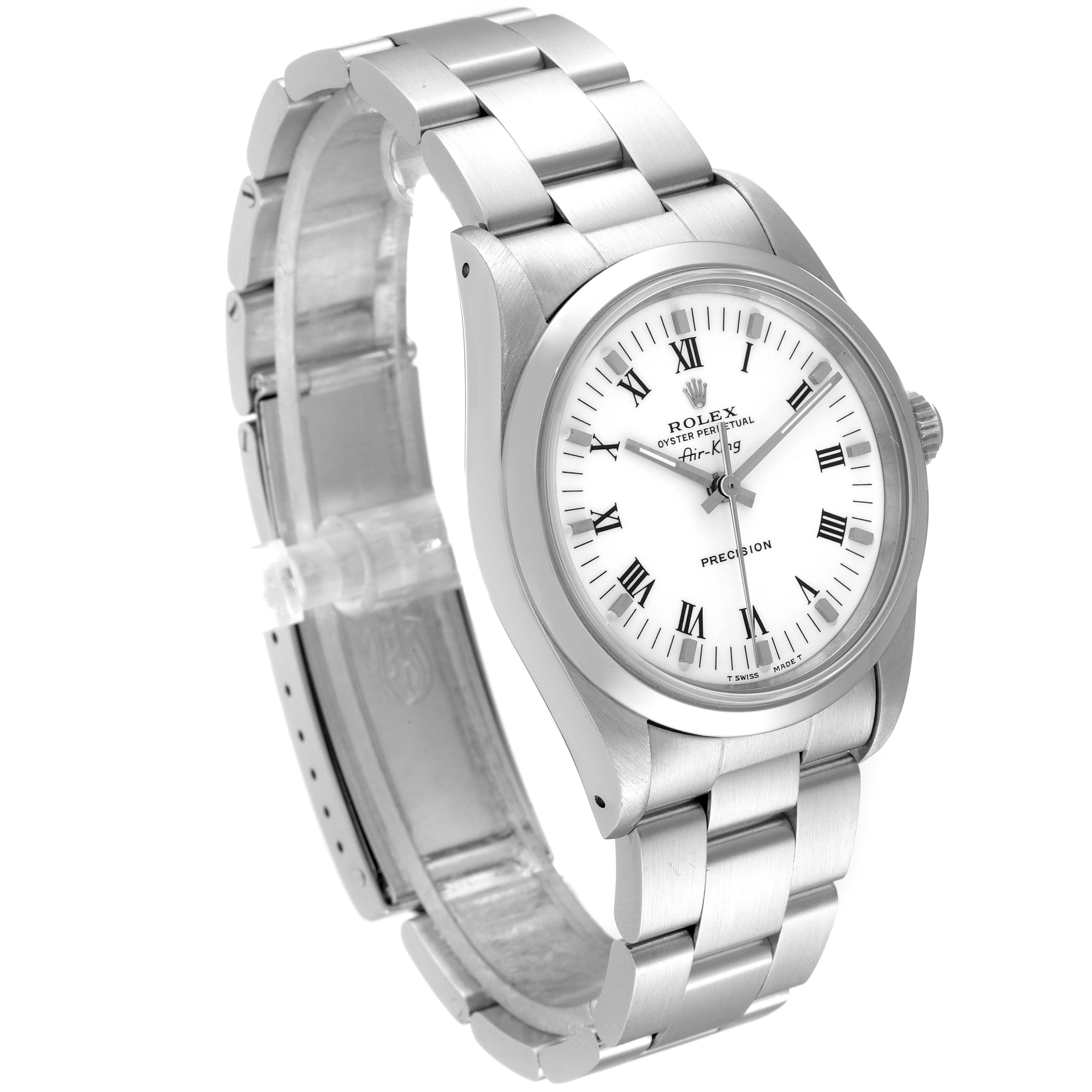The Rolex Air-King 14000 Men's Stainless Steel White Dial 14000 Men's Stainless Steel White Dial watch is shown at an angle displaying its white dial, Roman numerals, and stainless steel bracelet.