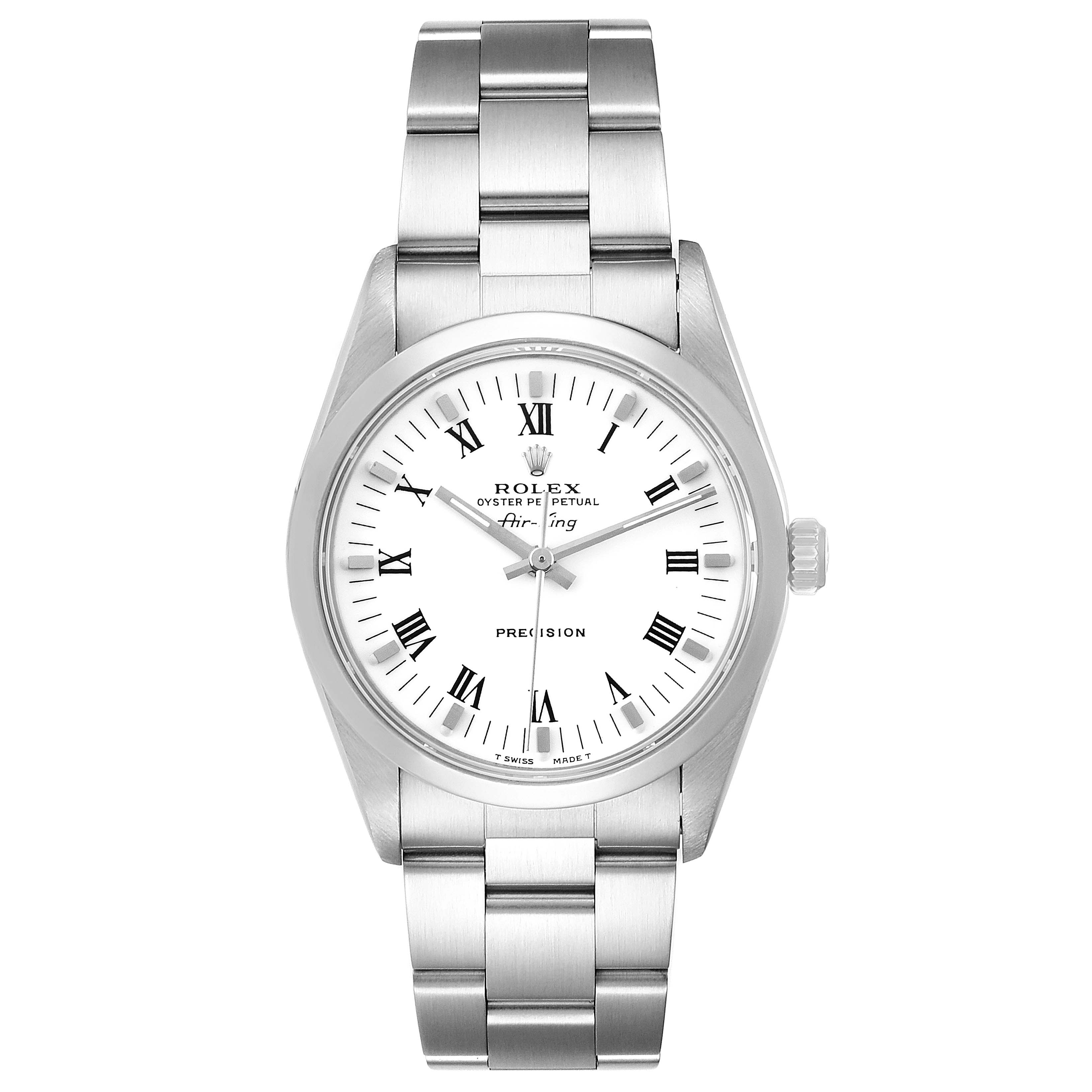 The image shows a Rolex Air-King 14000 Men's Stainless Steel White Dial 14000 Men's Stainless Steel White Dial watch from a front angle, highlighting the dial, case, bracelet, and clasp.