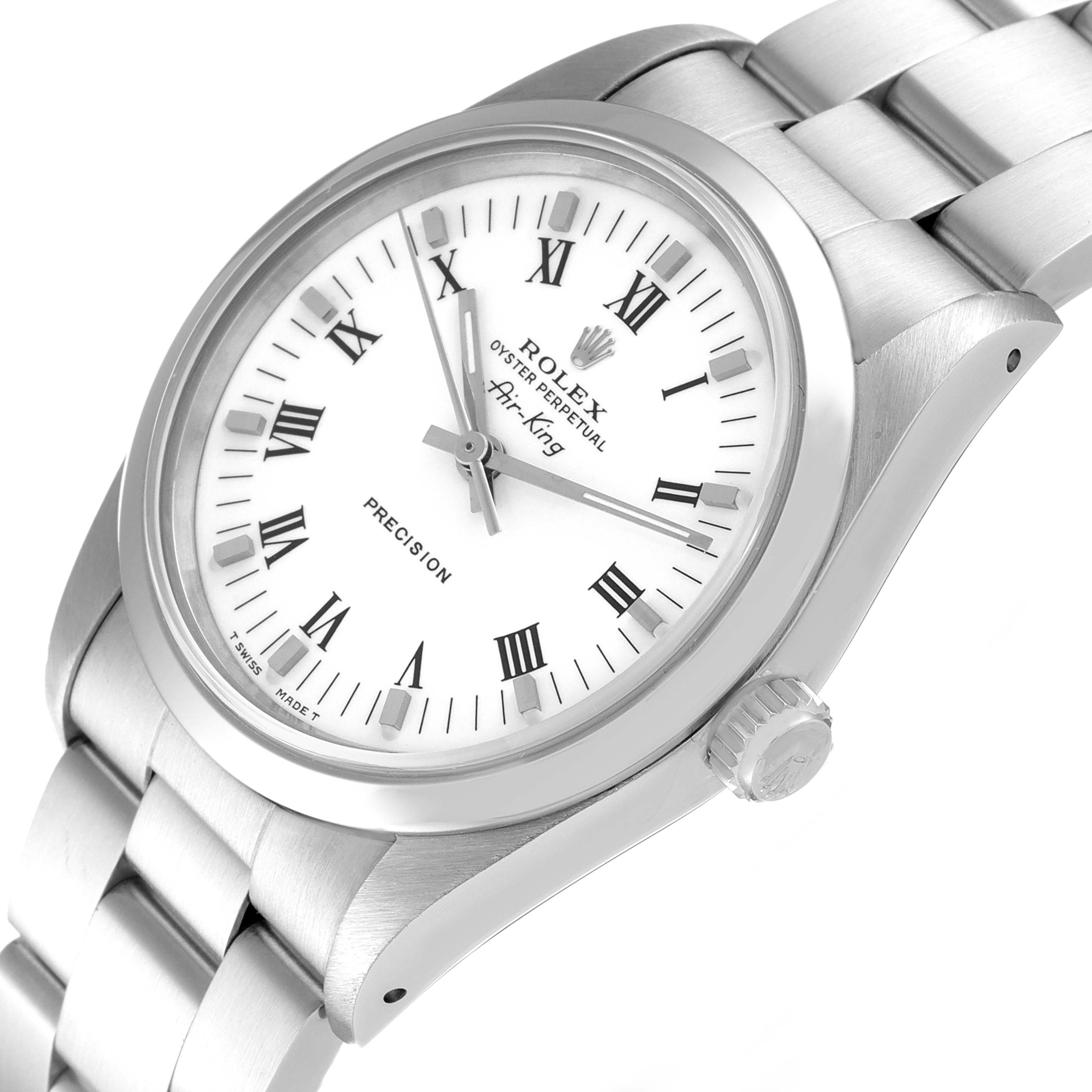 This image shows a Rolex Air-King 14000 Men's Stainless Steel White Dial 14000 Men's Stainless Steel White Dial watch at an angle highlighting its white dial, Roman numerals, and stainless steel bracelet.