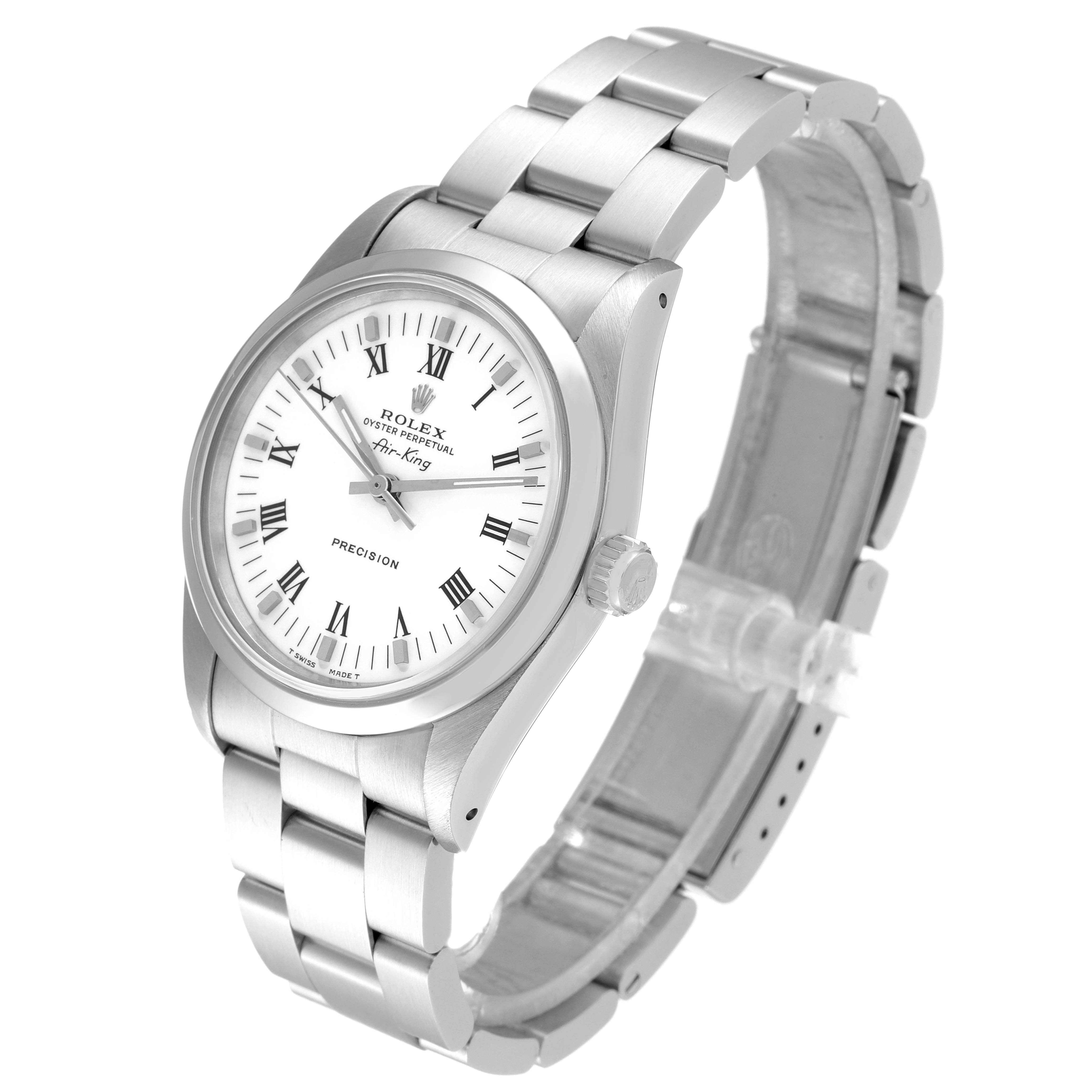 The Rolex Air-King 14000 Men's Stainless Steel White Dial 14000 Men's Stainless Steel White Dial watch is shown at a three-quarter angle, displaying the face, bezel, crown, and bracelet.