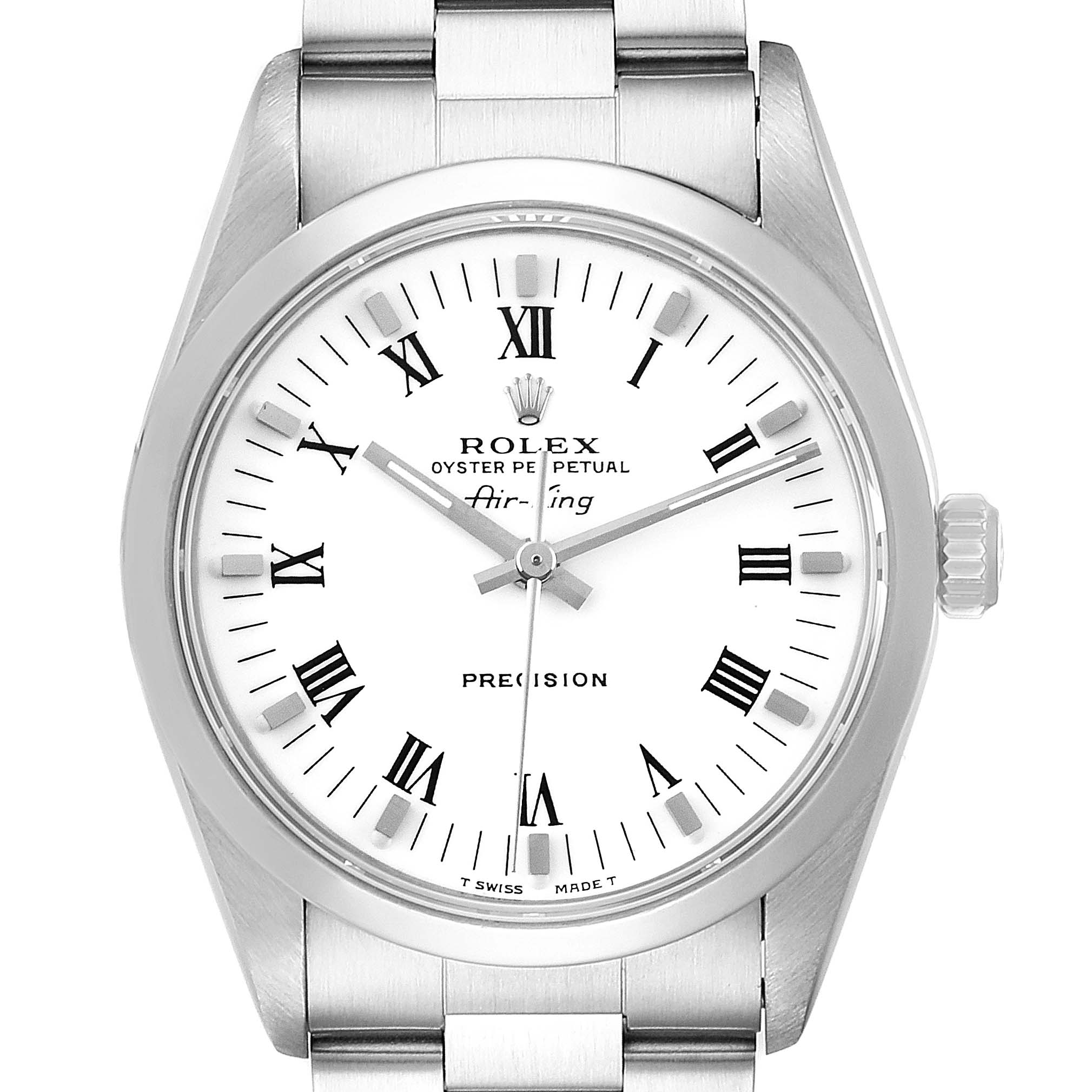 This image shows a frontal view of a Rolex Air-King 14000 Men's Stainless Steel White Dial 14000 Men's Stainless Steel White Dial watch, highlighting the face, bezel, crown, and bracelet.