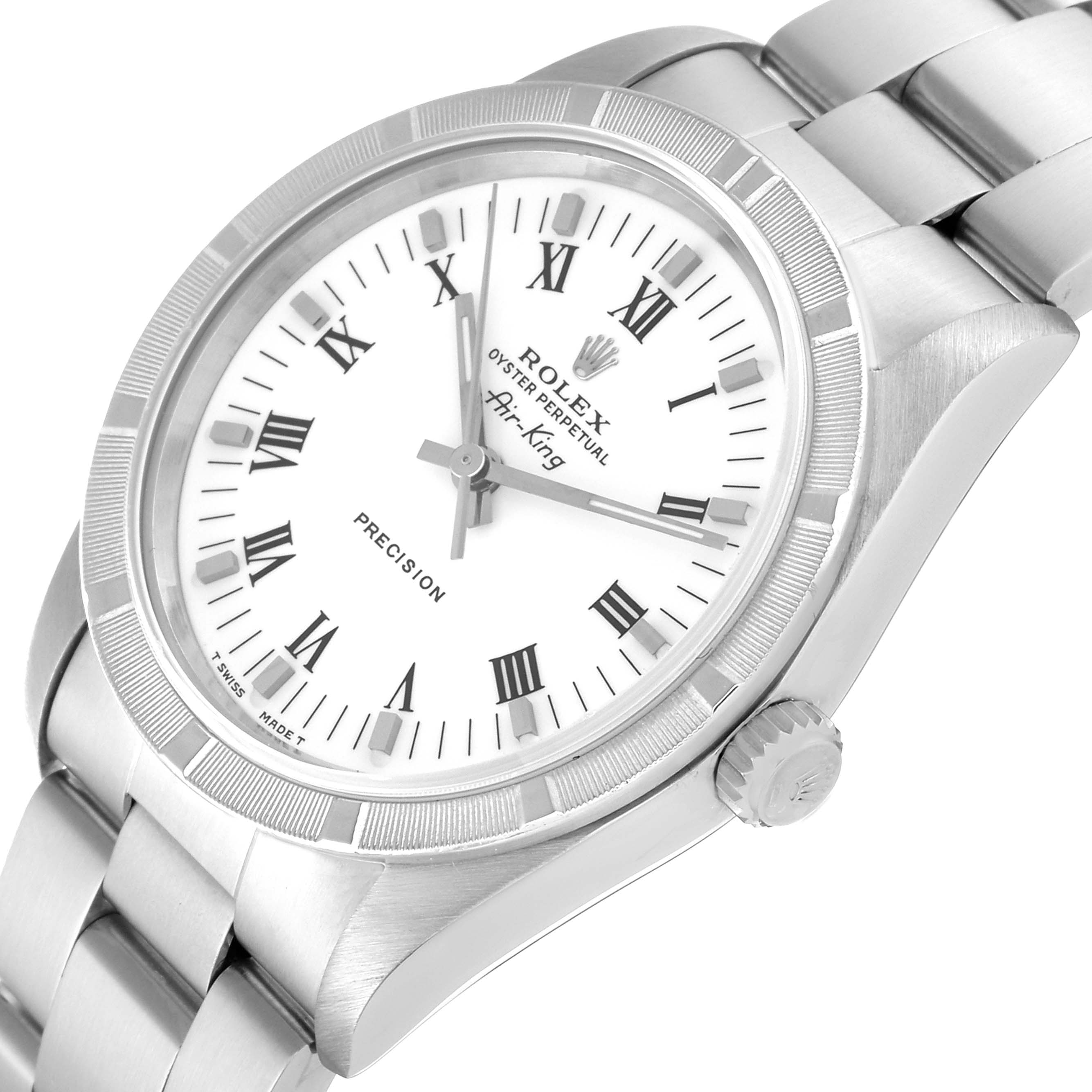 This image shows a close-up angled view of a Rolex Air-King 14010 Men's Stainless Steel White Dial 14010 Men's Stainless Steel White Dial watch, highlighting the dial, bezel, crown, and bracelet.