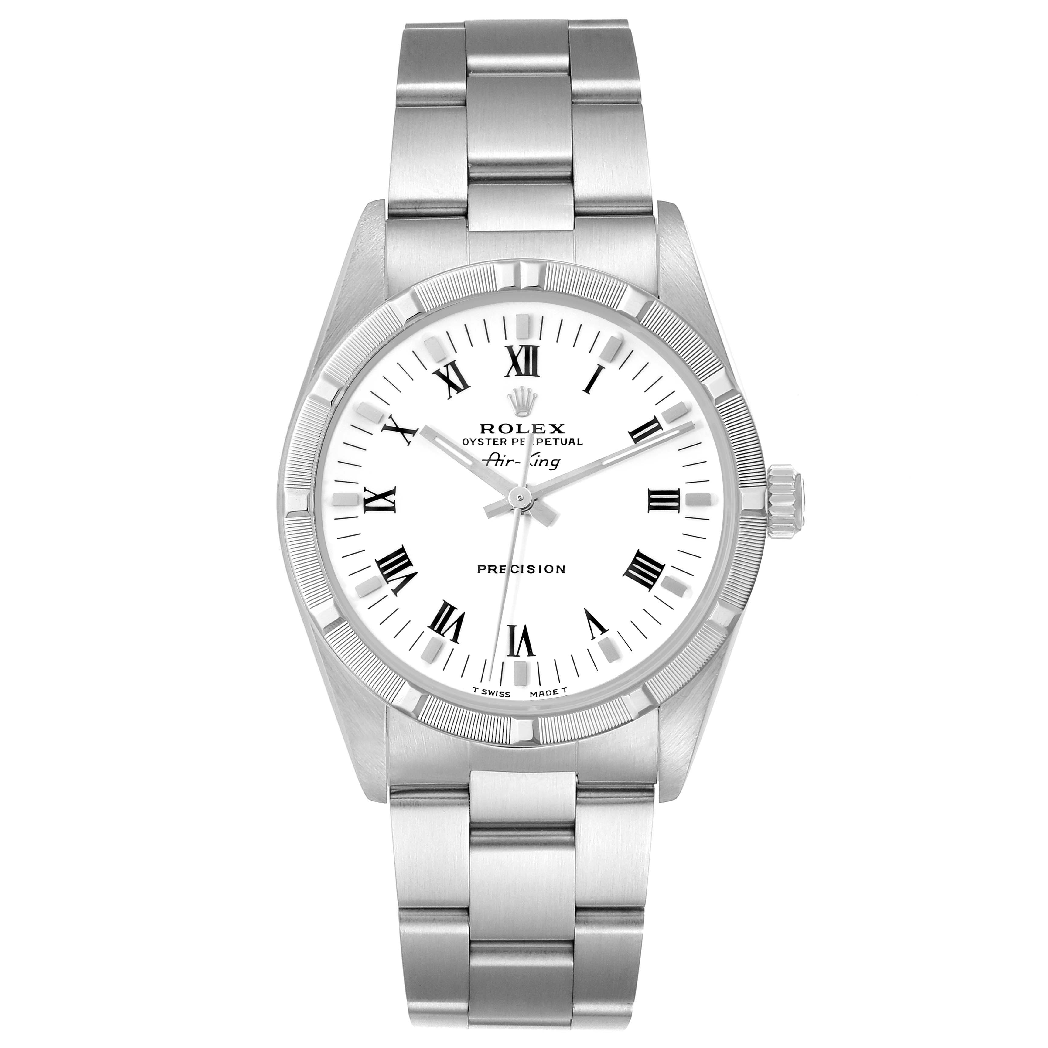 The image shows a front view of the Rolex Air-King 14010 Men's Stainless Steel White Dial 14010 Men's Stainless Steel White Dial watch, featuring its dial, bezel, and bracelet.