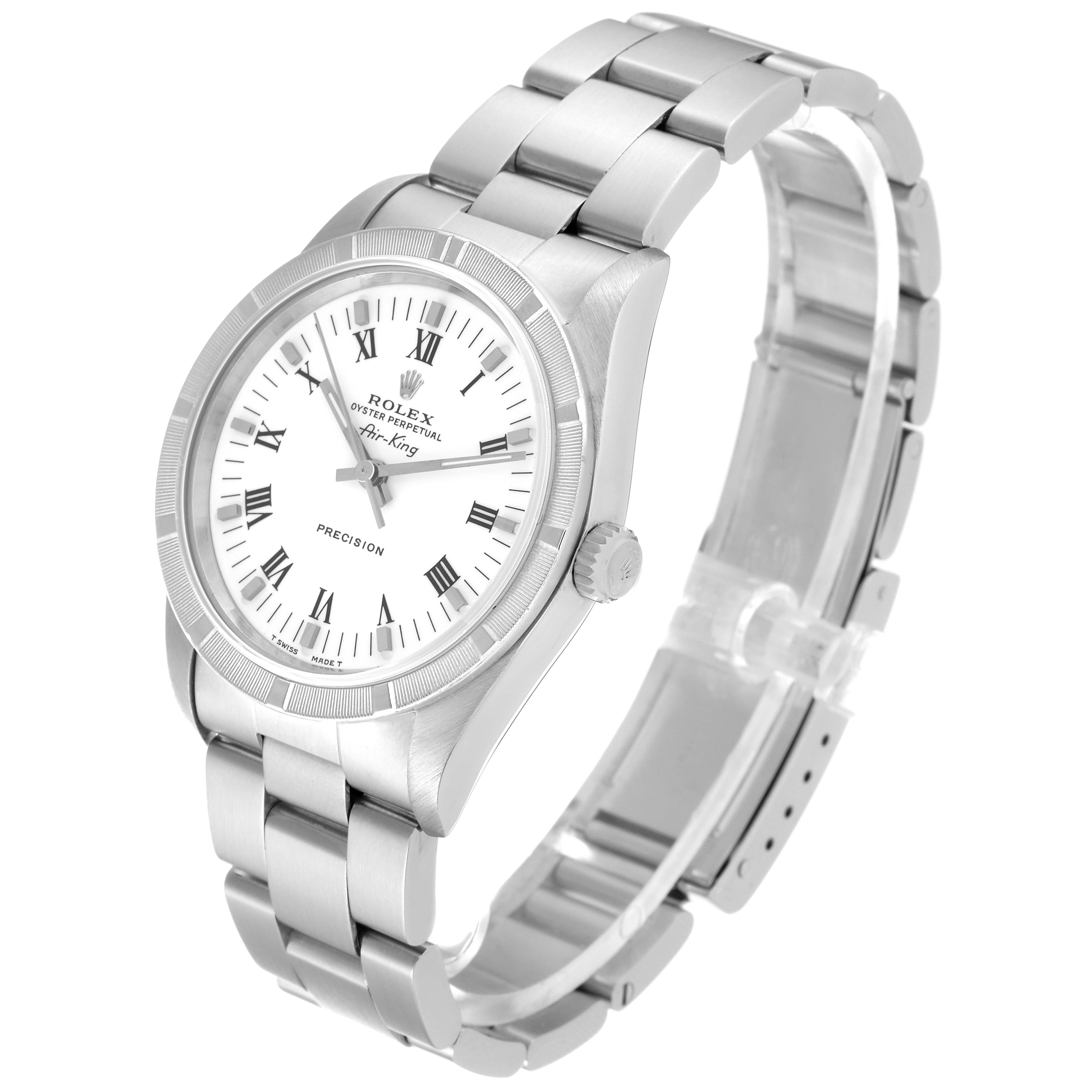 The image shows a Rolex Air-King 14010 Men's Stainless Steel White Dial 14010 Men's Stainless Steel White Dial watch at a three-quarter angle, highlighting the dial, bezel, crown, and bracelet.