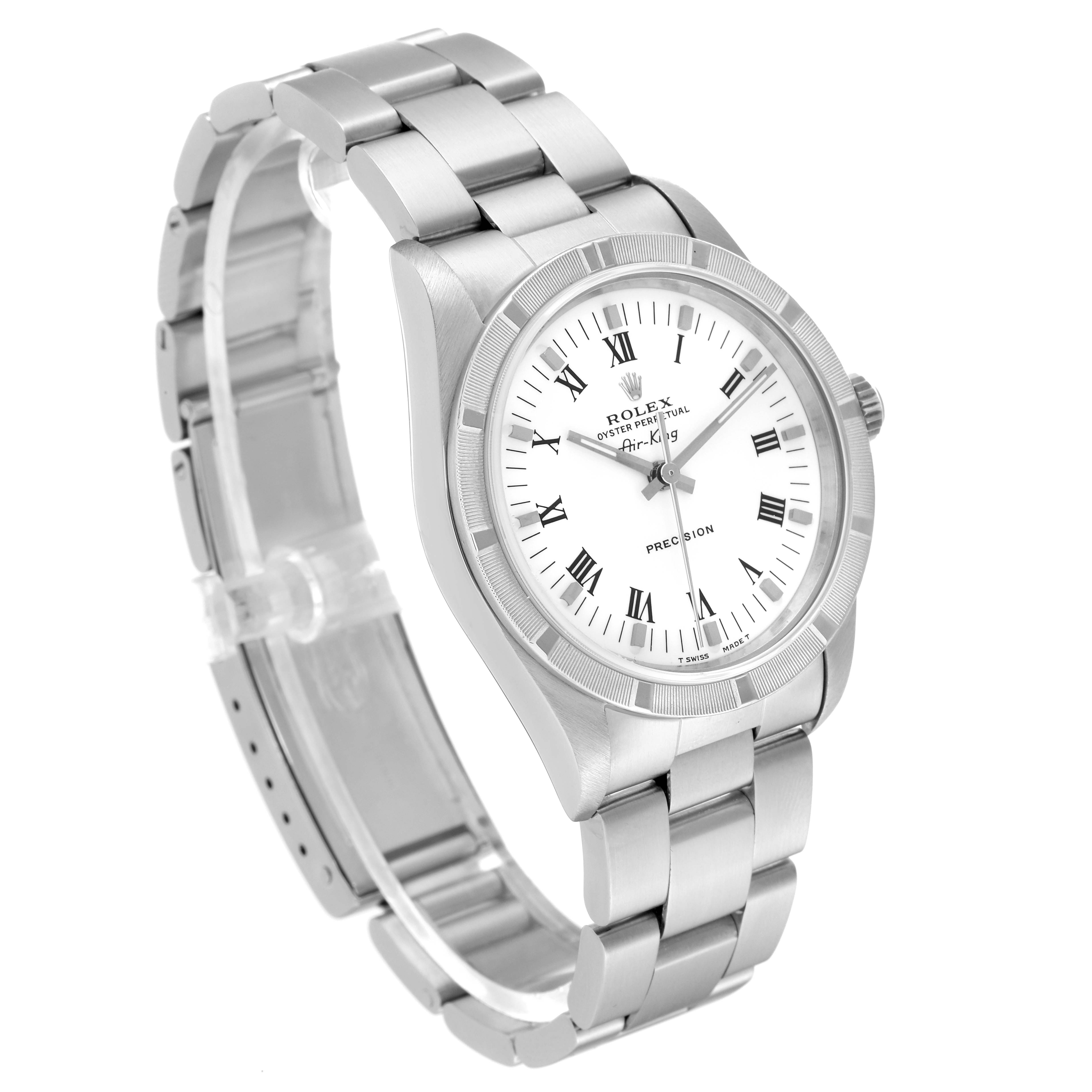 The image shows a side angle of a Rolex Air-King 14010 Men's Stainless Steel White Dial 14010 Men's Stainless Steel White Dial watch, showcasing its dial, bezel, bracelet, and clasp.