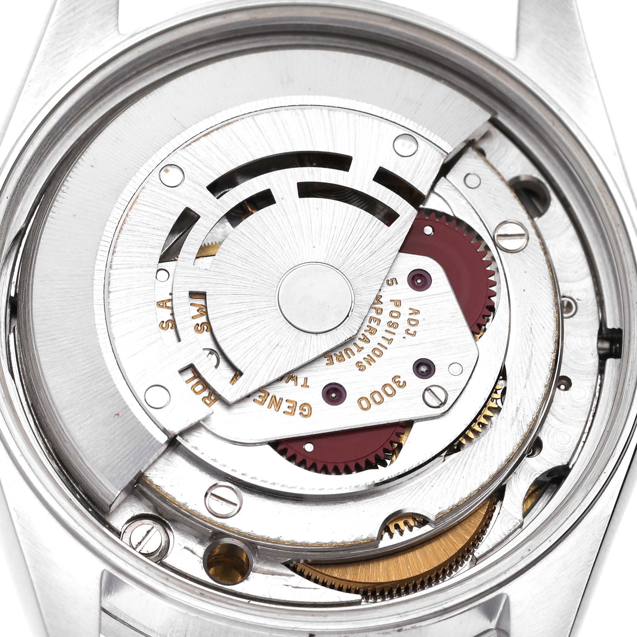 This image shows a close-up, top-view angle of the internal mechanism of a Rolex Air-King 14010 Men's Stainless Steel White Dial 14010 Men's Stainless Steel White Dial watch.