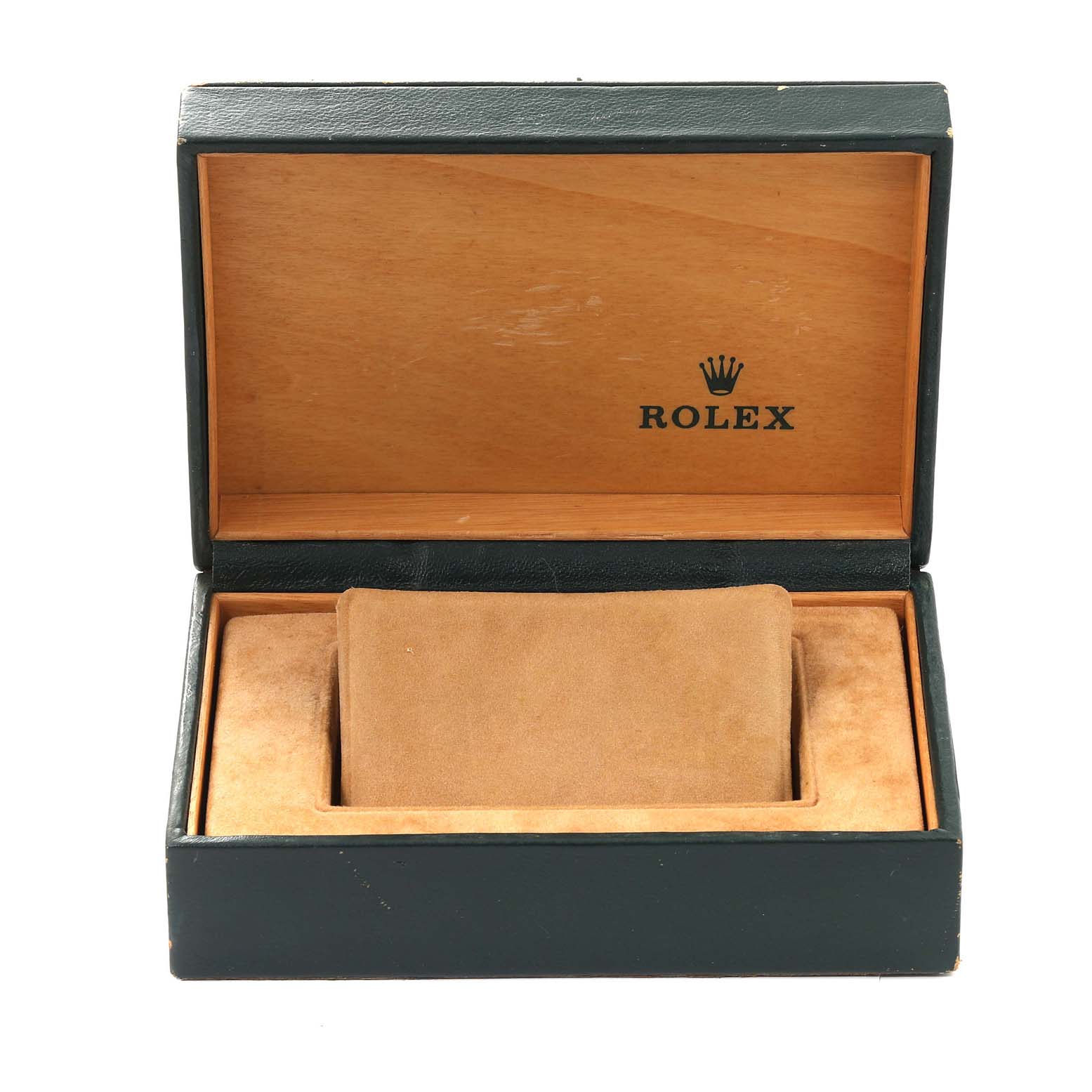 The image shows an empty, open box for a Rolex Air-King 14010 Men's Stainless Steel White Dial 14010 Men's Stainless Steel White Dial watch, viewed from the front.