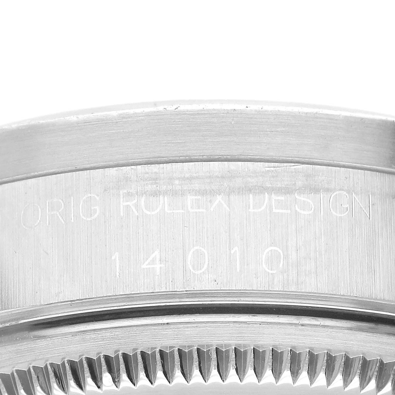 The image shows a close-up of the case side with engraving, and the bezel of a Rolex Air-King 14010 Men's Stainless Steel White Dial 14010 Men's Stainless Steel White Dial watch.