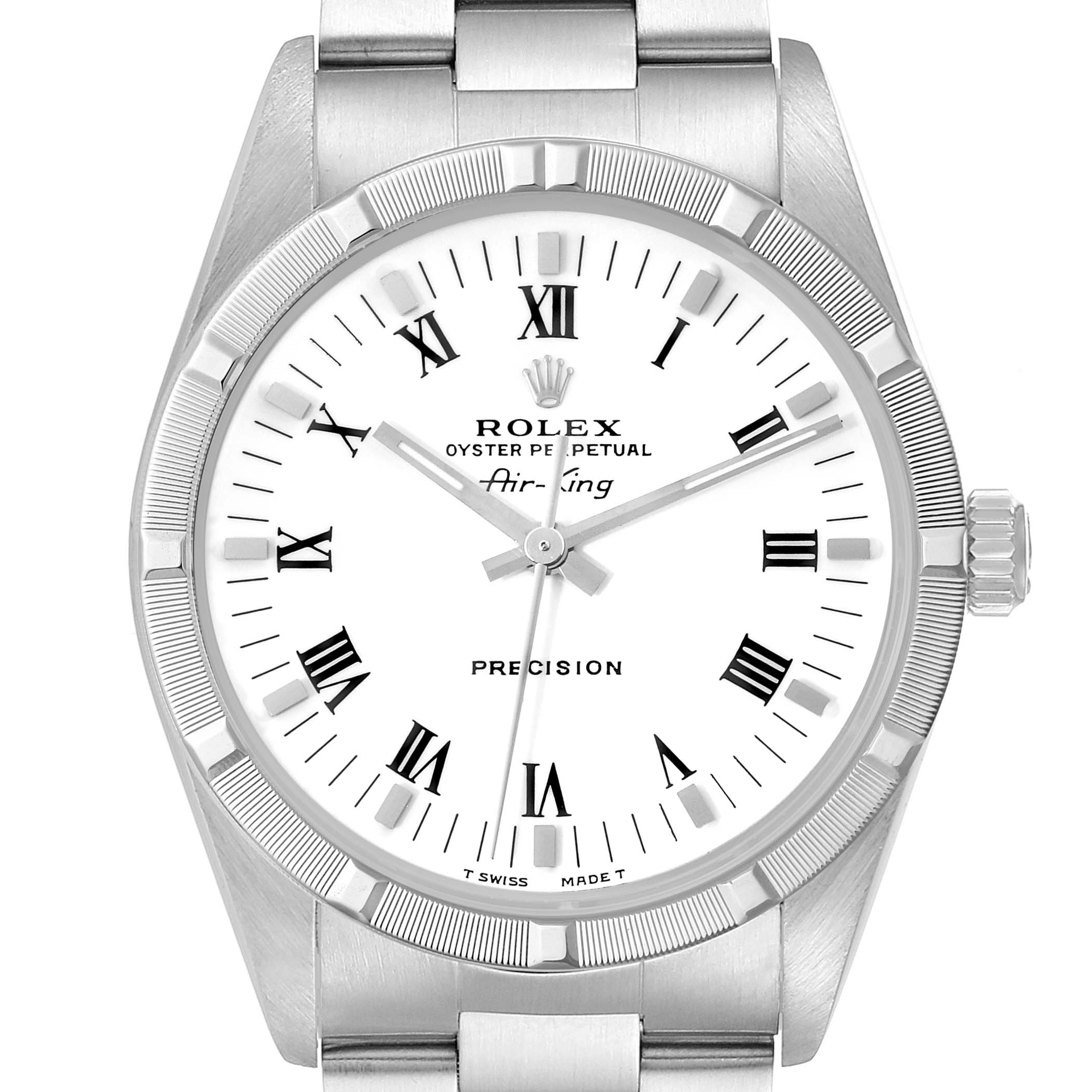 This image shows the face and crown of the Rolex Air-King 14010 Men's Stainless Steel White Dial 14010 Men's Stainless Steel White Dial watch at a straight-on angle.