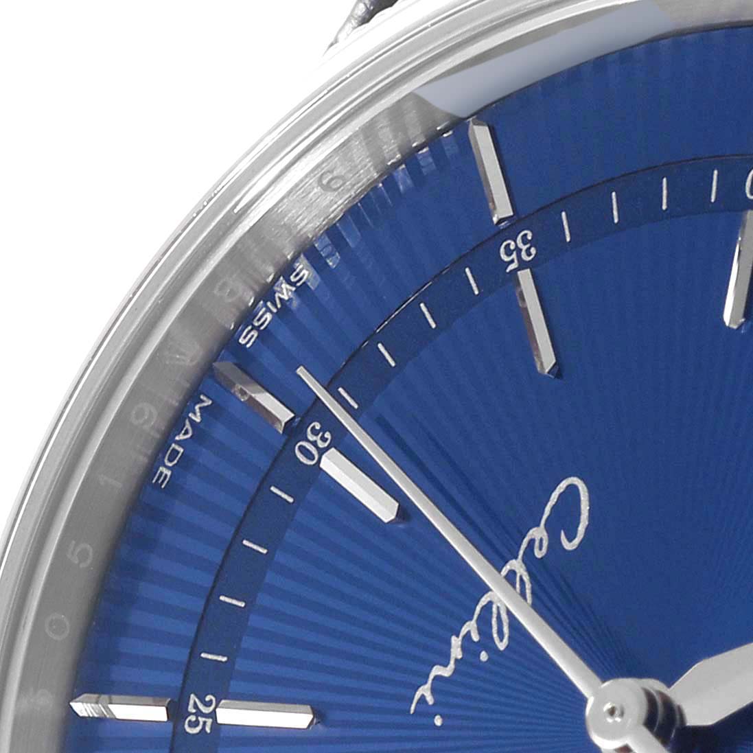 The image shows a close-up of the upper left section of the dial and hands of the Rolex Cellini 50519 Men
s White Gold Blue Dial 50519 Men
s White Gold Blue Dial watch, highlighting the 30-35 marks.