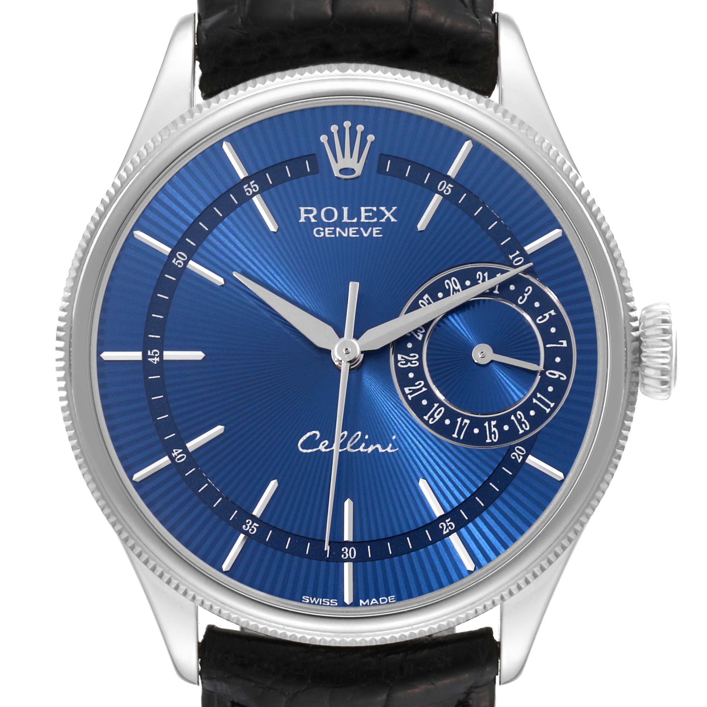 This image shows a close-up view of the Rolex Cellini 50519 Men
s White Gold Blue Dial 50519 Men
s White Gold Blue Dial watch, highlighting its blue dial and intricate details.