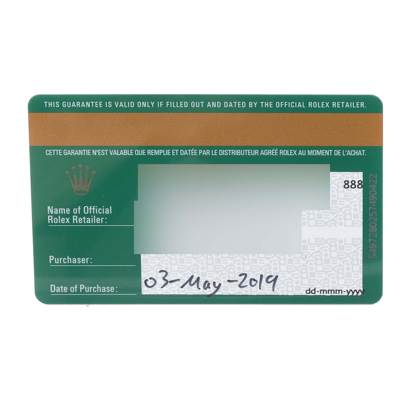 This image shows a close-up of a green Rolex warranty card for the Cellini model, with purchase details on it.