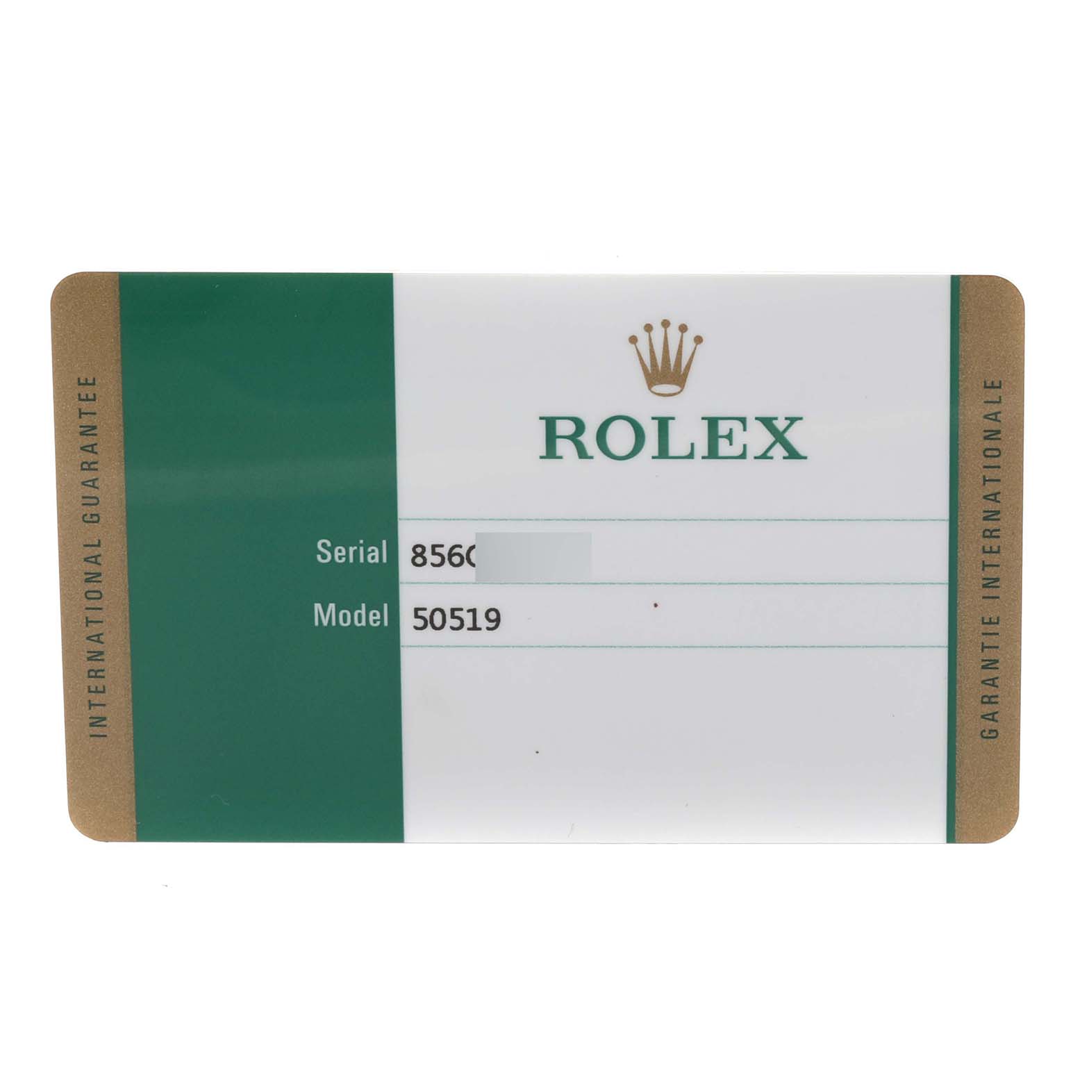 This image shows the international guarantee card for a Rolex Cellini 50519 Men
s White Gold Blue Dial 50519 Men
s White Gold Blue Dial model, detailing the serial and model numbers.