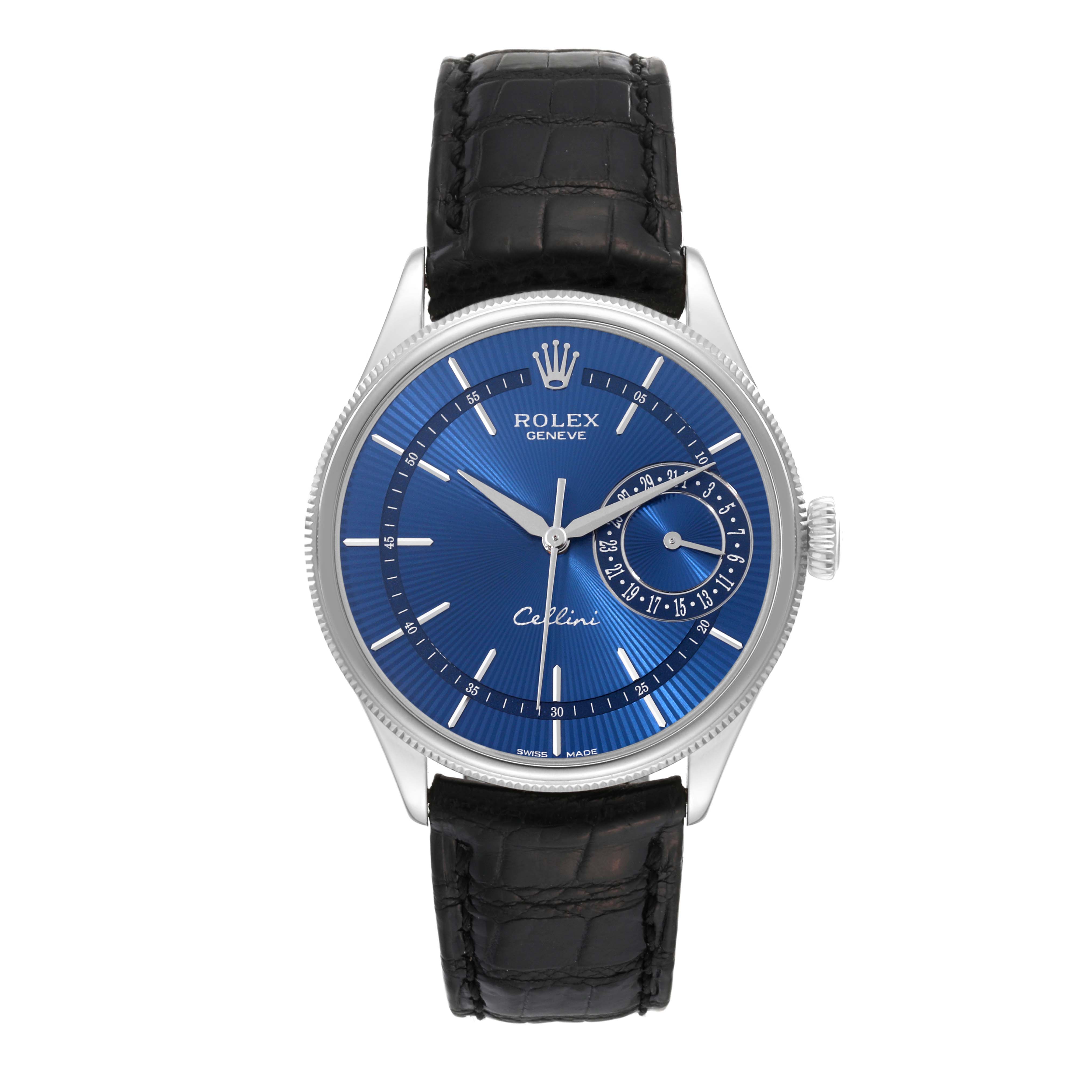 This image shows a front view of a Rolex Cellini 50519 Men
s White Gold Blue Dial 50519 Men
s White Gold Blue Dial watch with a blue dial and a black leather strap.