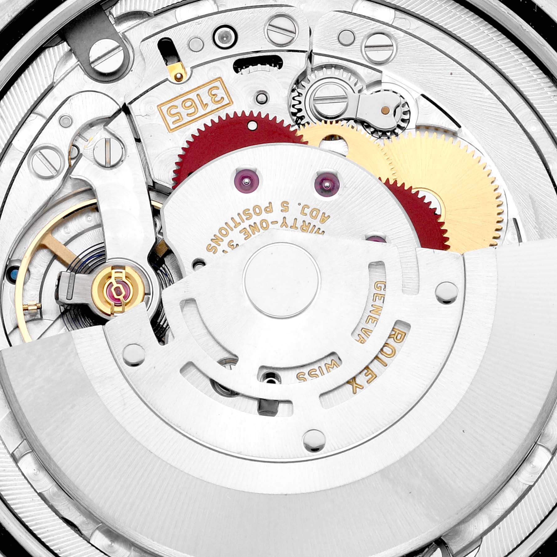 The image shows a close-up view of the movement mechanism of the Rolex Cellini 50519 Men
s White Gold Blue Dial 50519 Men
s White Gold Blue Dial watch, specifically highlighting gears, rotors, and various intricate components.