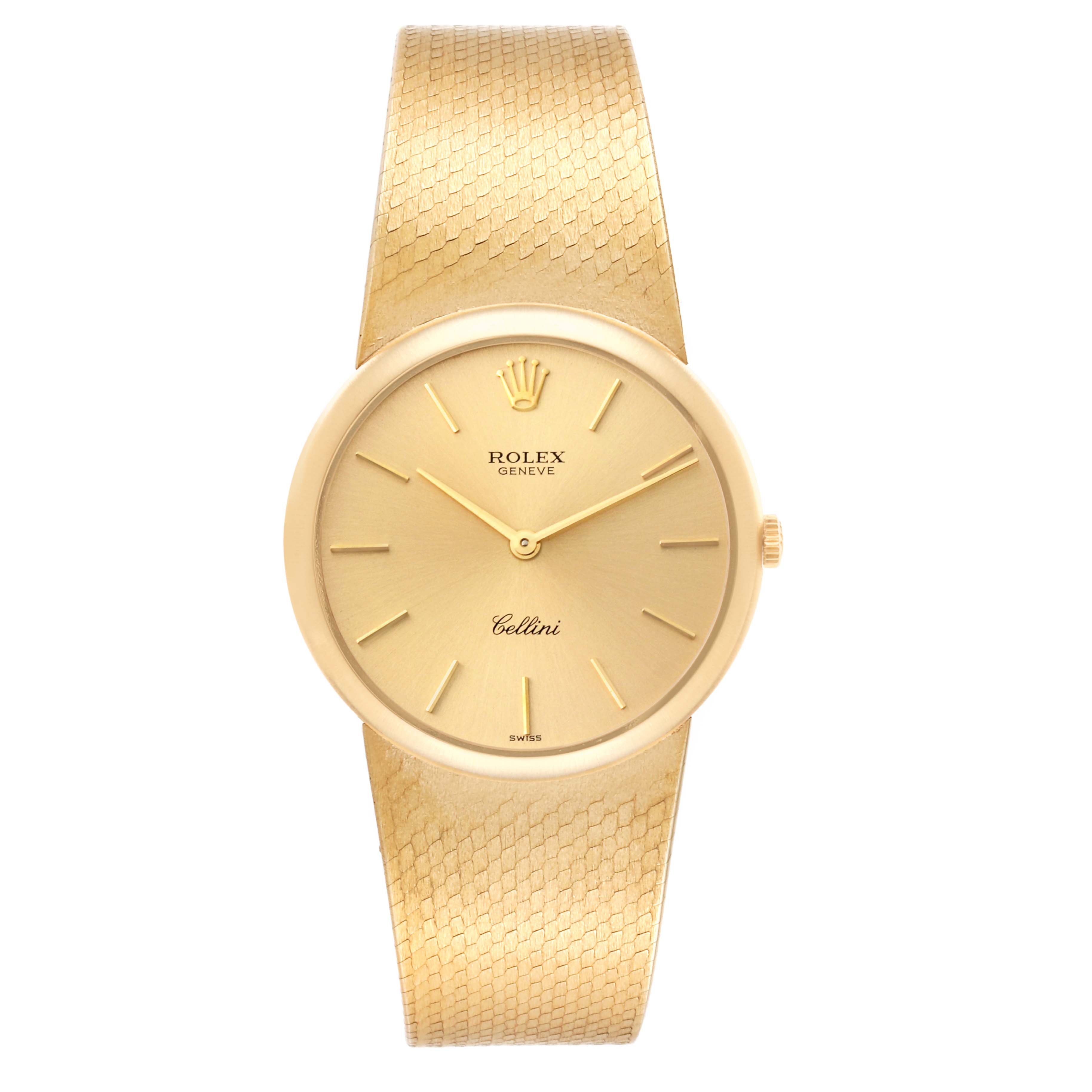 The image shows a Rolex Cellini 653 Women's Yellow Gold Champagne Dial 653 Women's Yellow Gold Champagne Dial watch from a front view, highlighting its gold dial, case, and textured band.