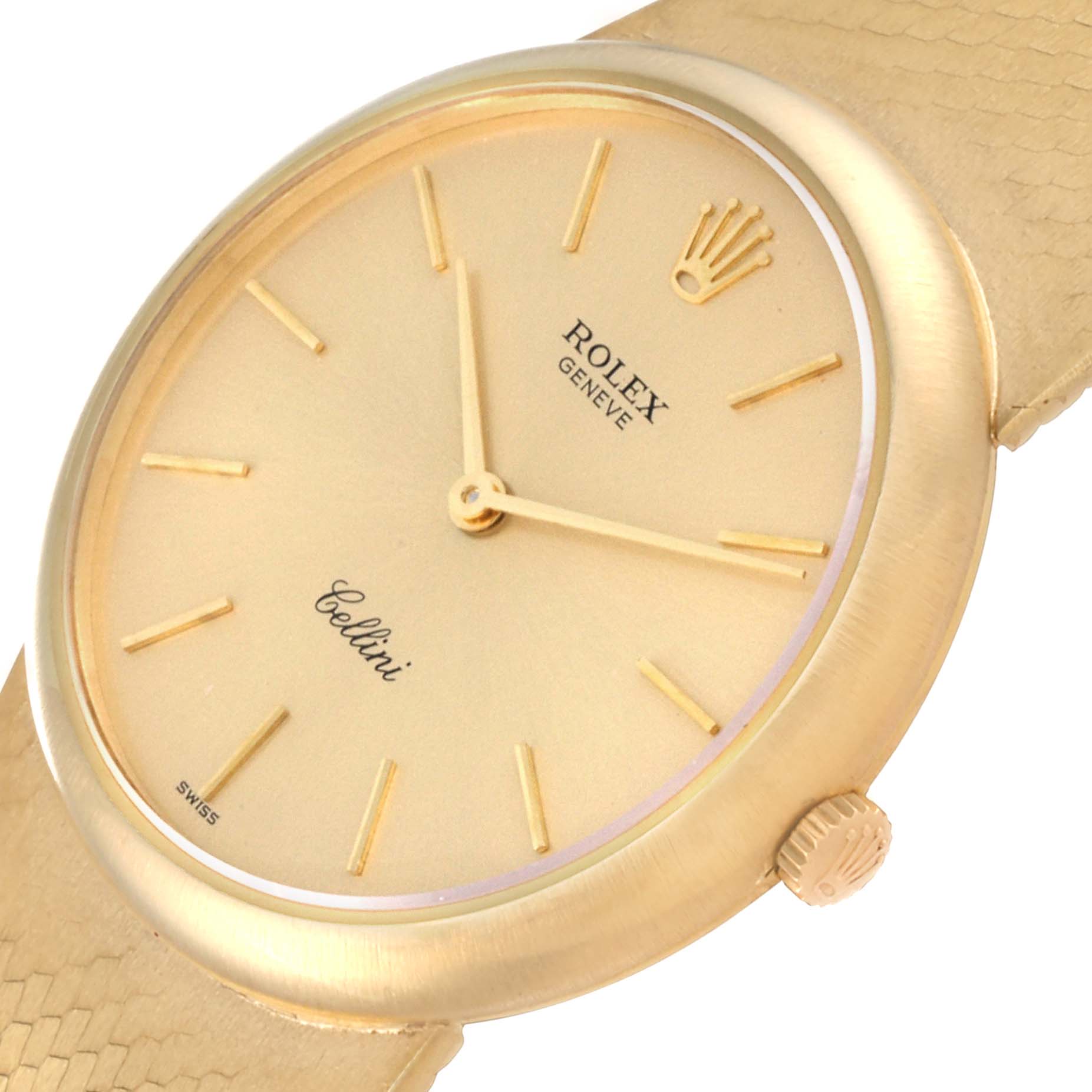 This Rolex Cellini 653 Women's Yellow Gold Champagne Dial 653 Women's Yellow Gold Champagne Dial watch is shown at a slight angle, displaying the face, crown, and part of the strap.