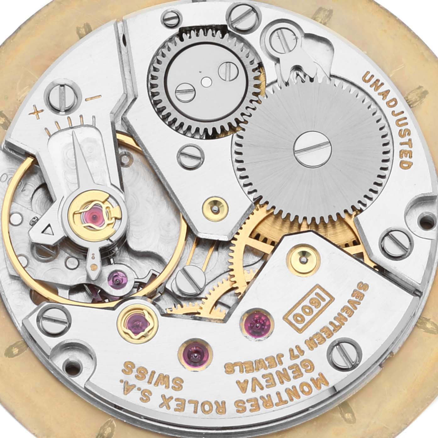 The image shows the internal mechanism of the Rolex Cellini 653 Women's Yellow Gold Champagne Dial 653 Women's Yellow Gold Champagne Dial watch, including gears and jewels, viewed from the back.