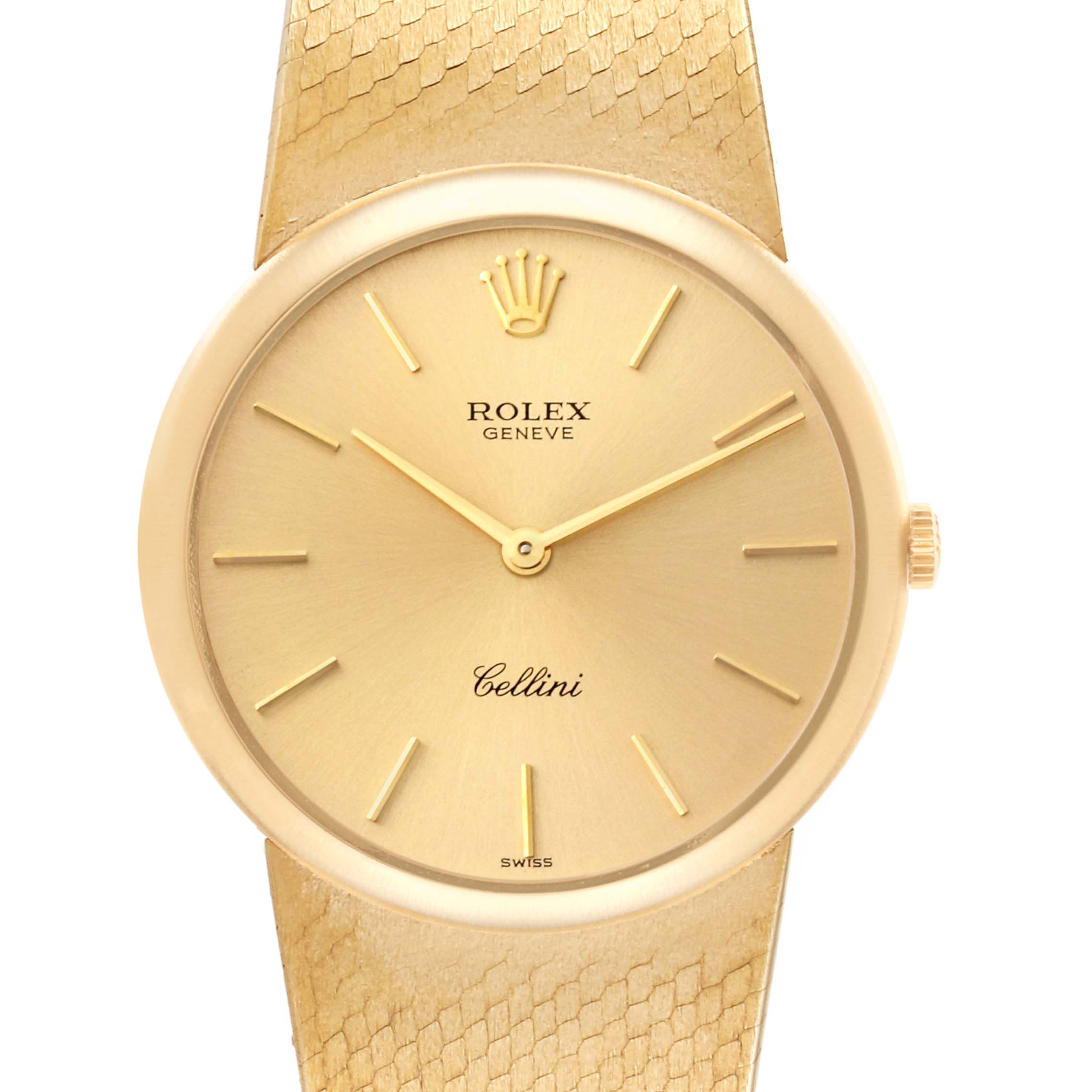The image shows a front view of the Rolex Cellini 653 Women's Yellow Gold Champagne Dial 653 Women's Yellow Gold Champagne Dial watch, highlighting the dial, crown, and part of the strap.