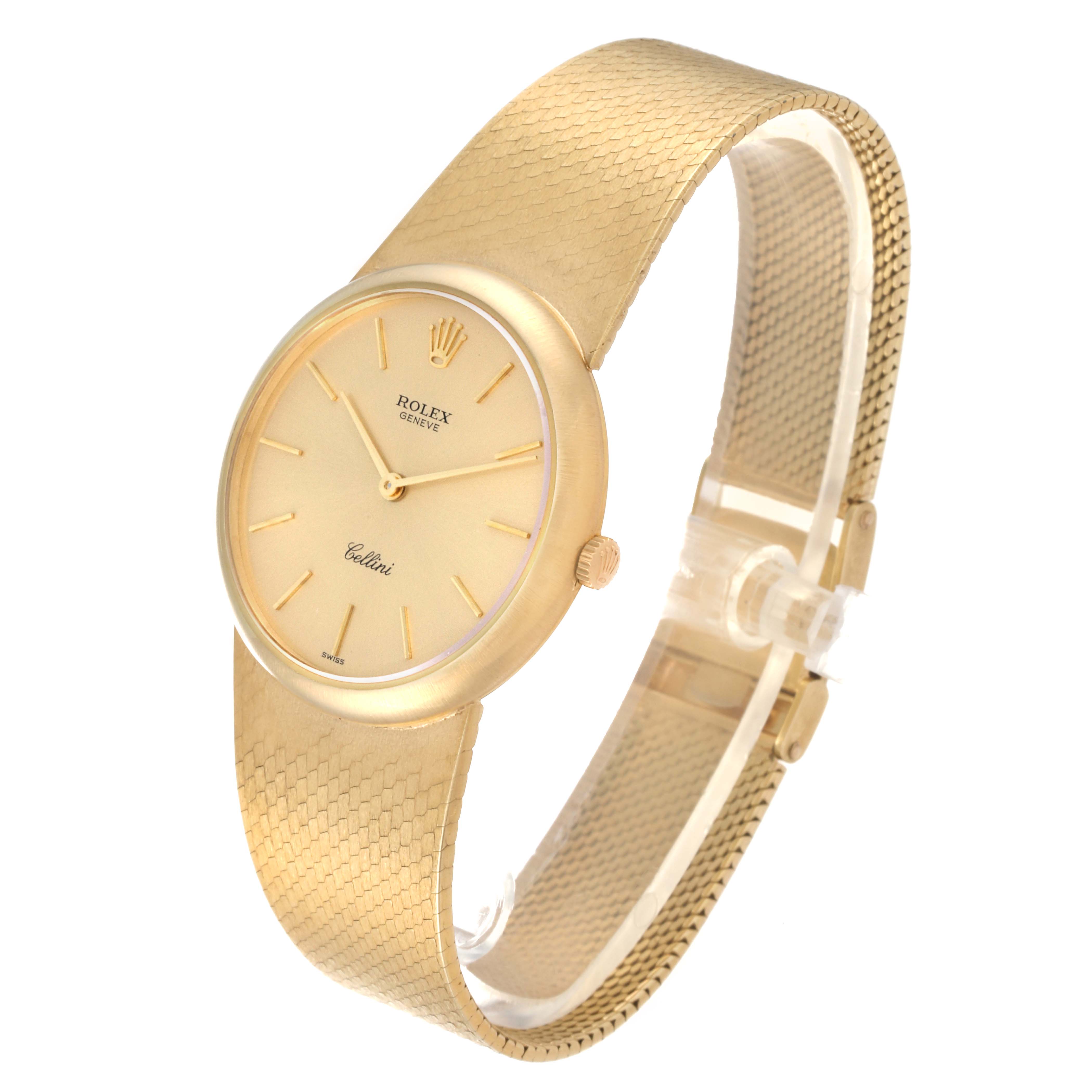The image shows a Rolex Cellini 653 Women's Yellow Gold Champagne Dial 653 Women's Yellow Gold Champagne Dial watch from an angled side view, displaying the dial, case, crown, and bracelet.