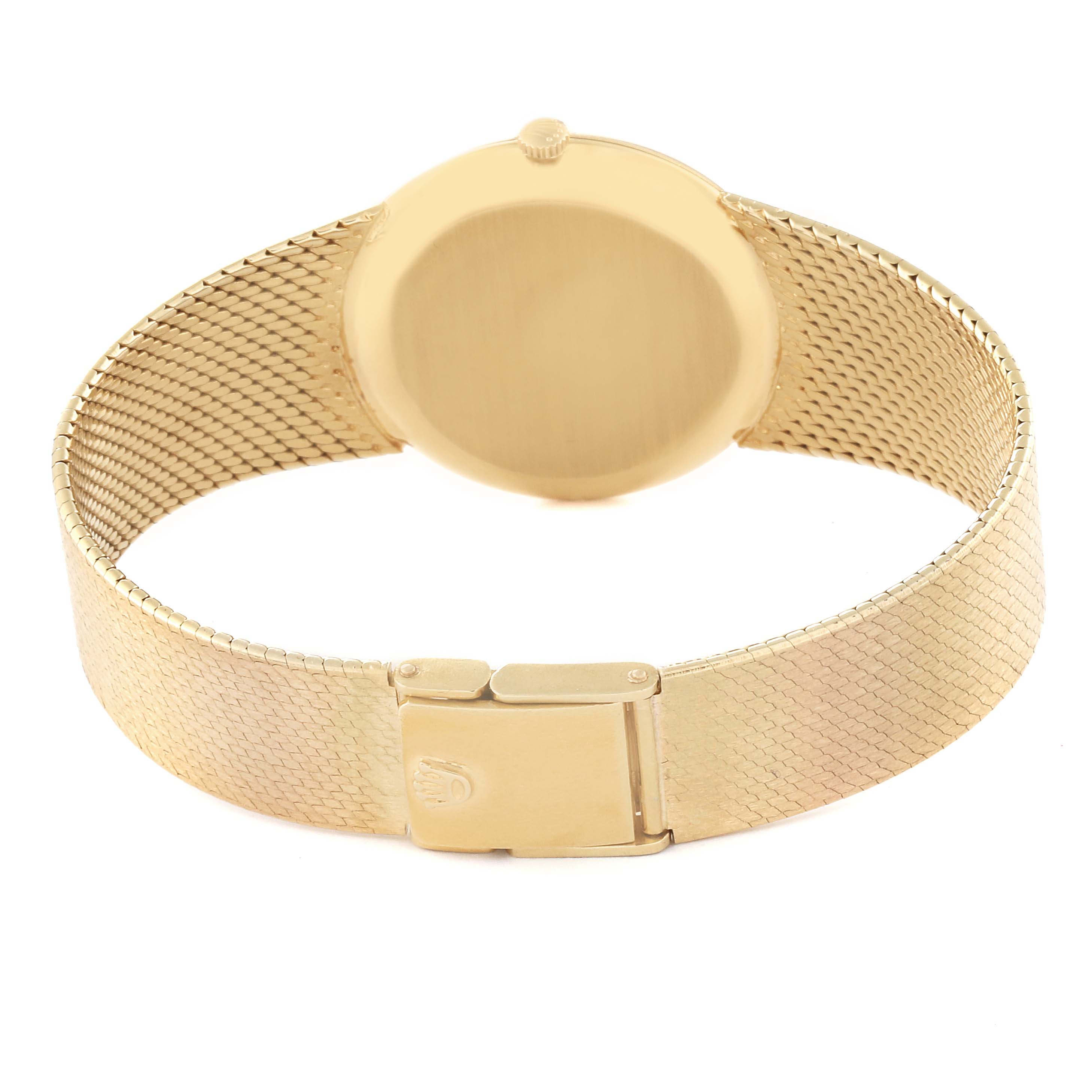 This image shows a Rolex Cellini 653 Women's Yellow Gold Champagne Dial 653 Women's Yellow Gold Champagne Dial watch from the rear angle, displaying its gold case, mesh bracelet, and clasp.