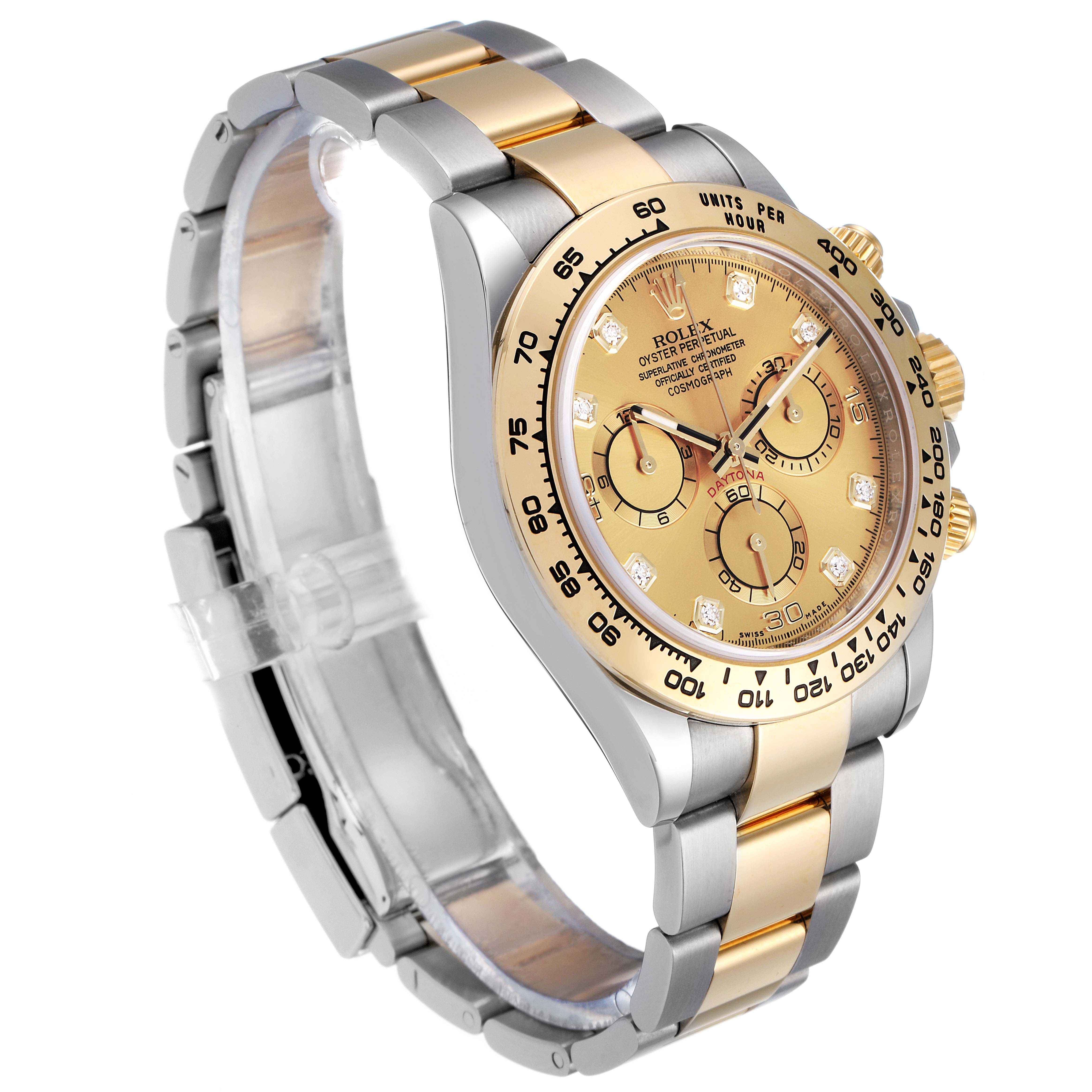 The image shows a Rolex Daytona 116503 Men's Steel and Gold (two tone) Champagne Dial 116503 Men's Steel and Gold (two tone) Champagne Dial watch at a slight angle, highlighting the dial, bezel, and part of the bracelet.