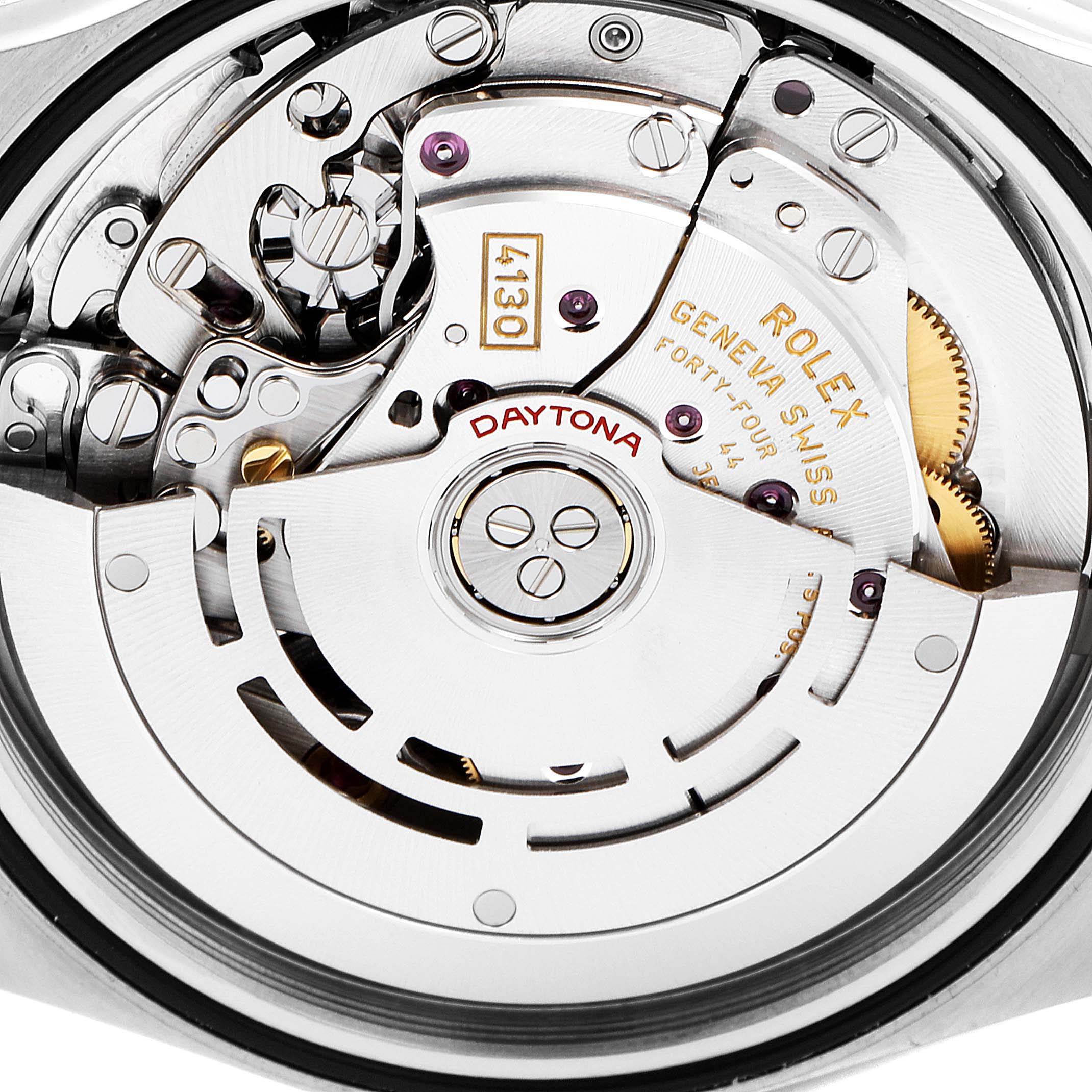 This image shows the intricate internal movement parts of a Rolex Daytona 116503 Men's Steel and Gold (two tone) Champagne Dial 116503 Men's Steel and Gold (two tone) Champagne Dial watch, model 4130, viewed from the back.
