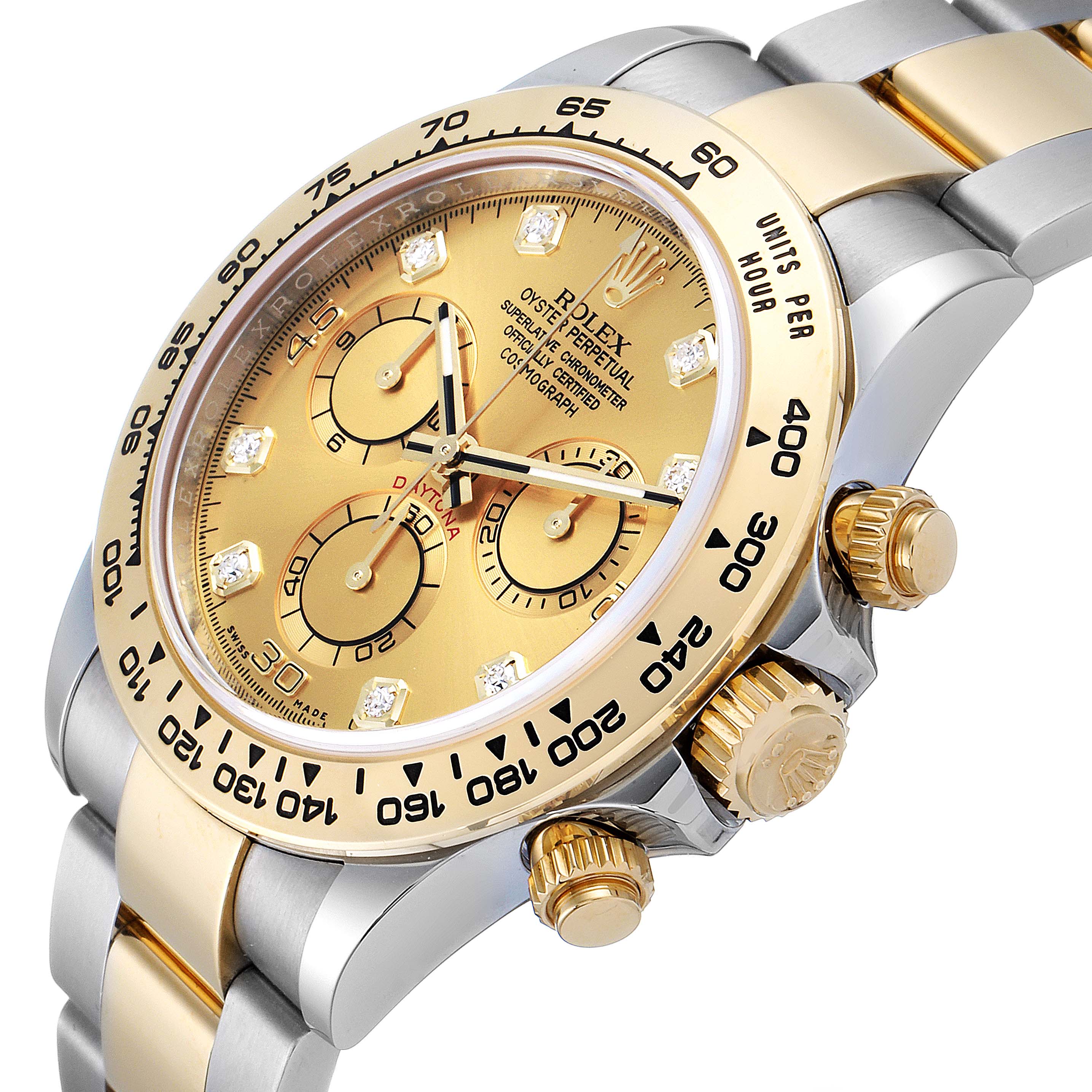 The image shows a close-up angled view of a Rolex Daytona 116503 Men's Steel and Gold (two tone) Champagne Dial 116503 Men's Steel and Gold (two tone) Champagne Dial watch, highlighting the dial, bezel, and chronograph pushers.