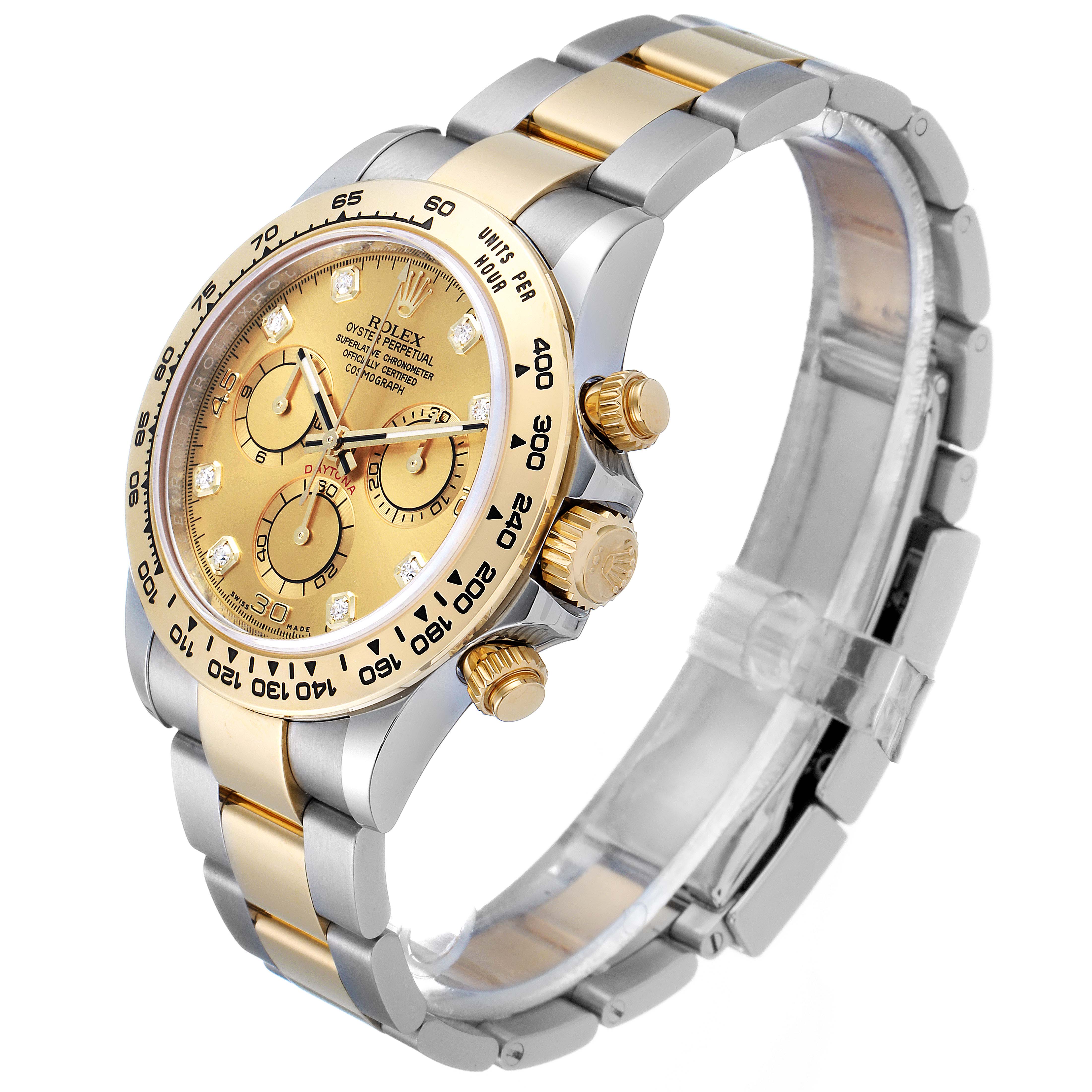 The image shows a Rolex Daytona 116503 Men's Steel and Gold (two tone) Champagne Dial 116503 Men's Steel and Gold (two tone) Champagne Dial watch at a three-quarter angle, highlighting its dial, bezel, crown, and bracelet.