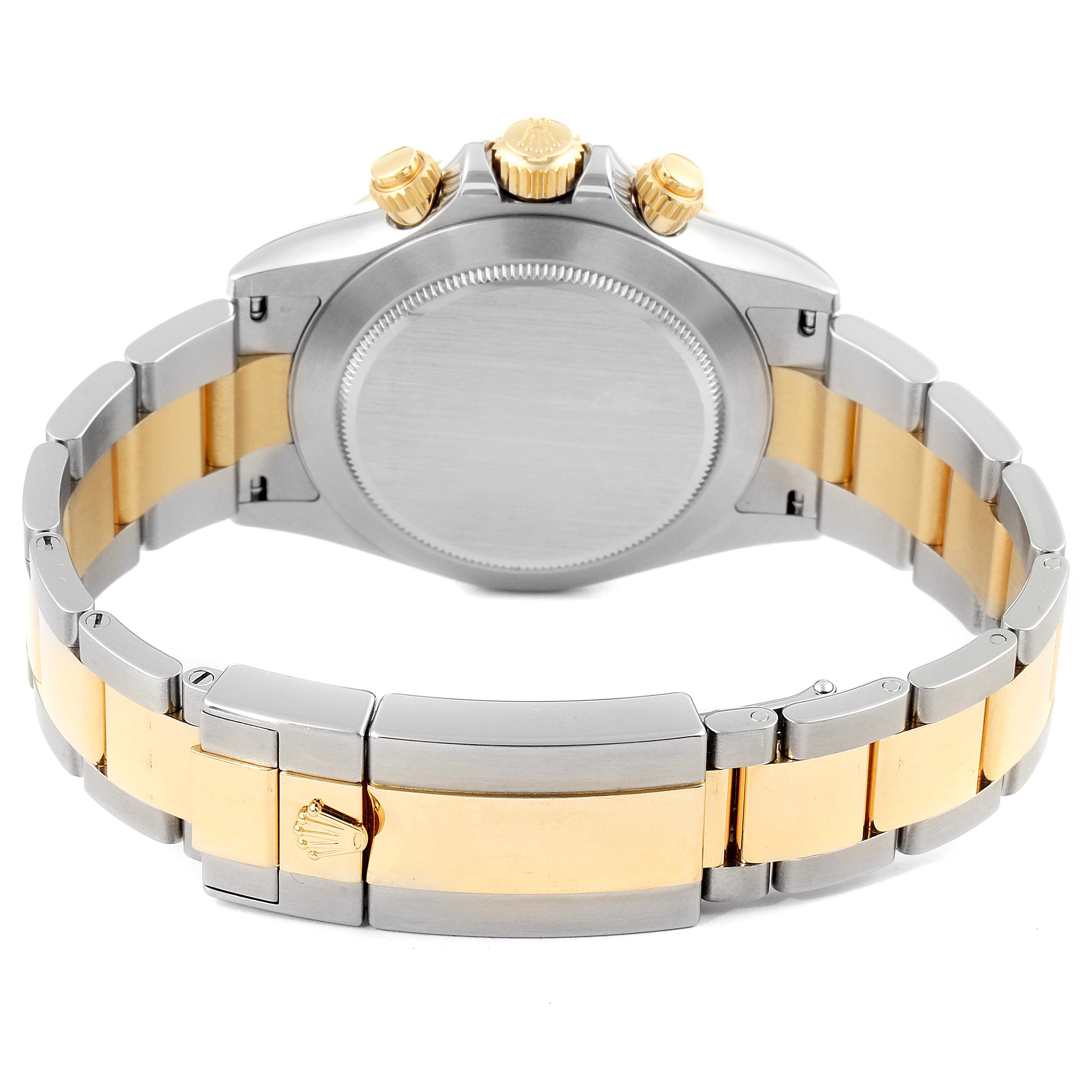 This image shows the back side of a Rolex Daytona 116503 Men's Steel and Gold (two tone) Champagne Dial 116503 Men's Steel and Gold (two tone) Champagne Dial watch, highlighting the bracelet and clasp.