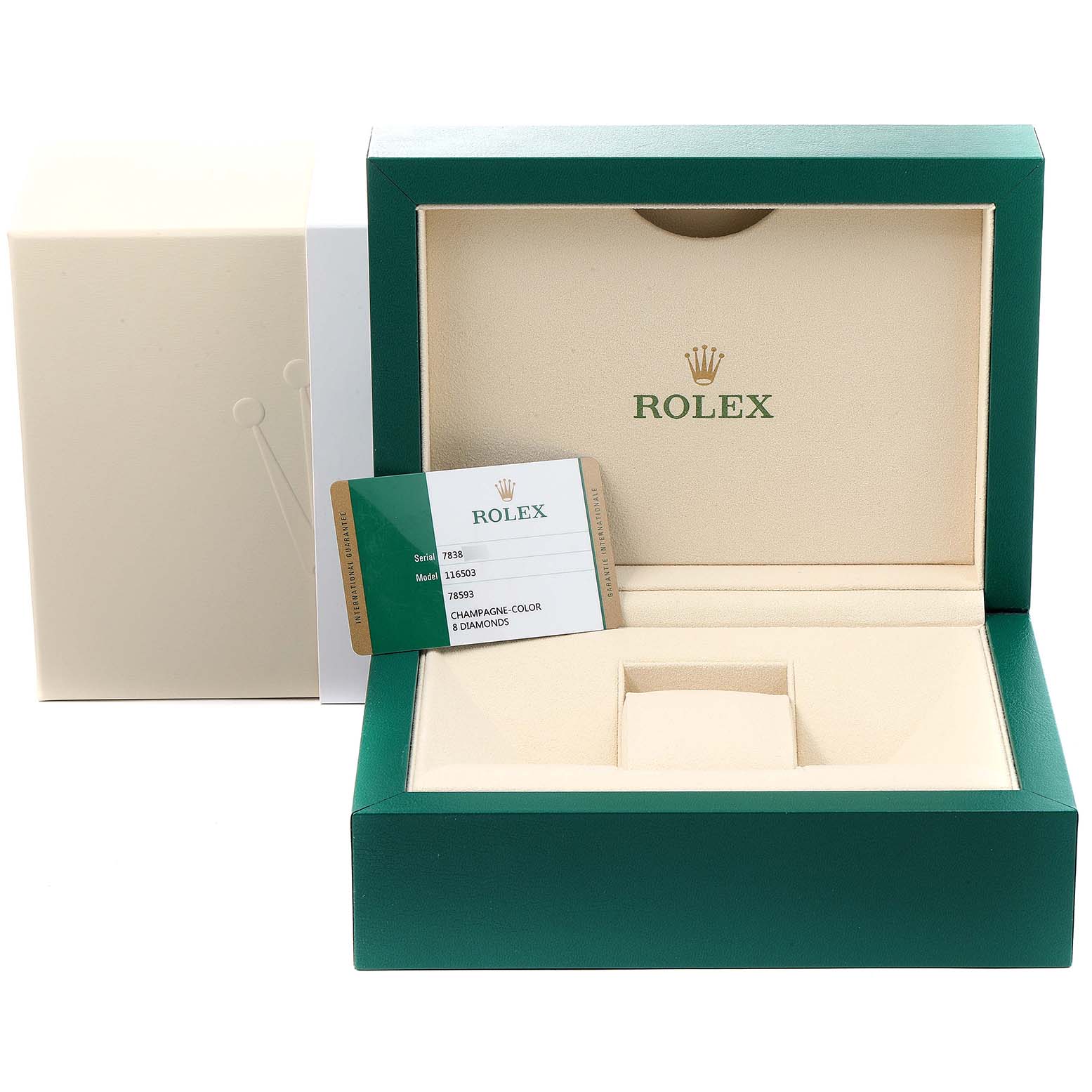 The image shows the packaging and warranty card for a Rolex Daytona 116503 Men's Steel and Gold (two tone) Champagne Dial 116503 Men's Steel and Gold (two tone) Champagne Dial model.