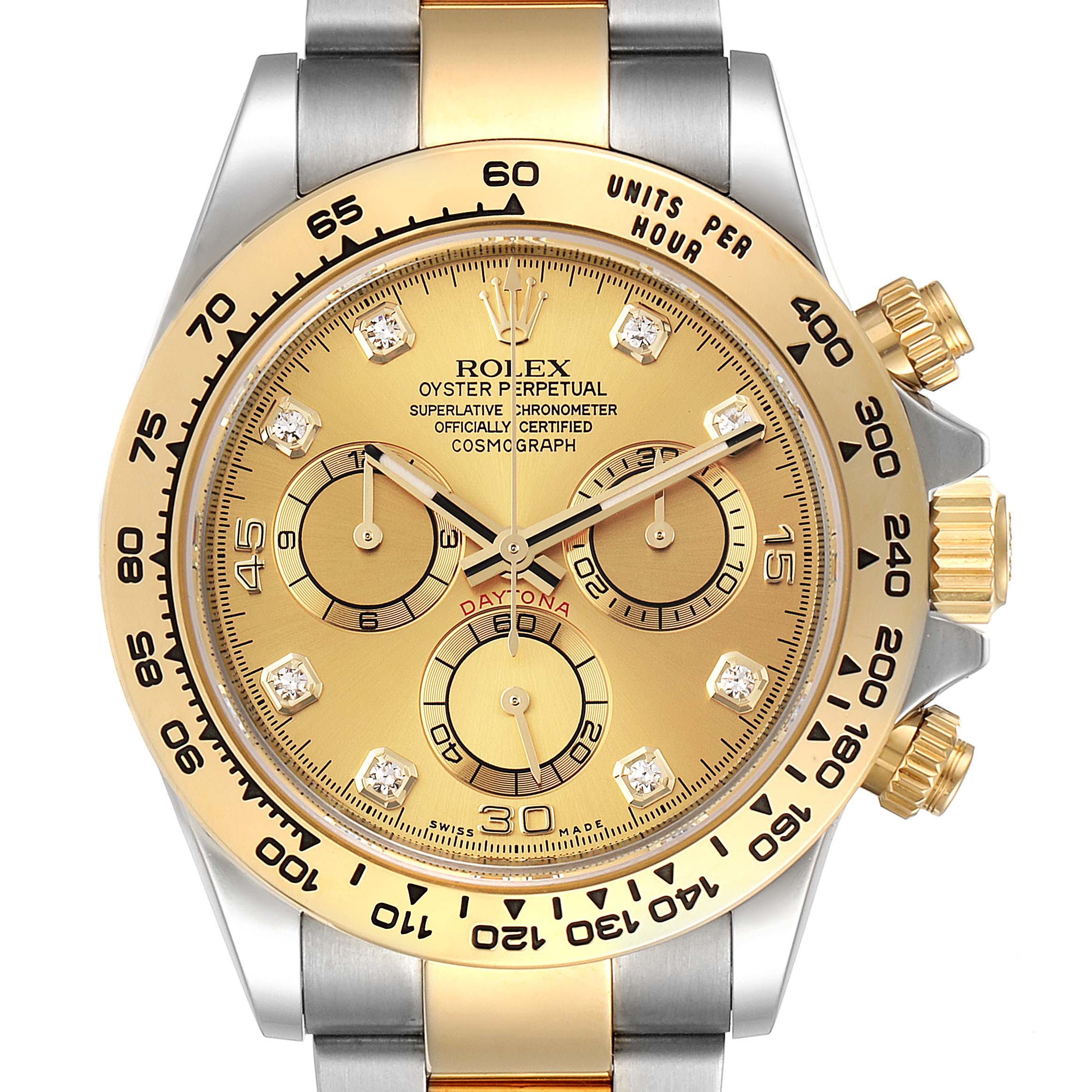 The image shows a frontal view of a Rolex Daytona 116503 Men's Steel and Gold (two tone) Champagne Dial 116503 Men's Steel and Gold (two tone) Champagne Dial watch, highlighting its dial, bezel, and part of the bracelet.
