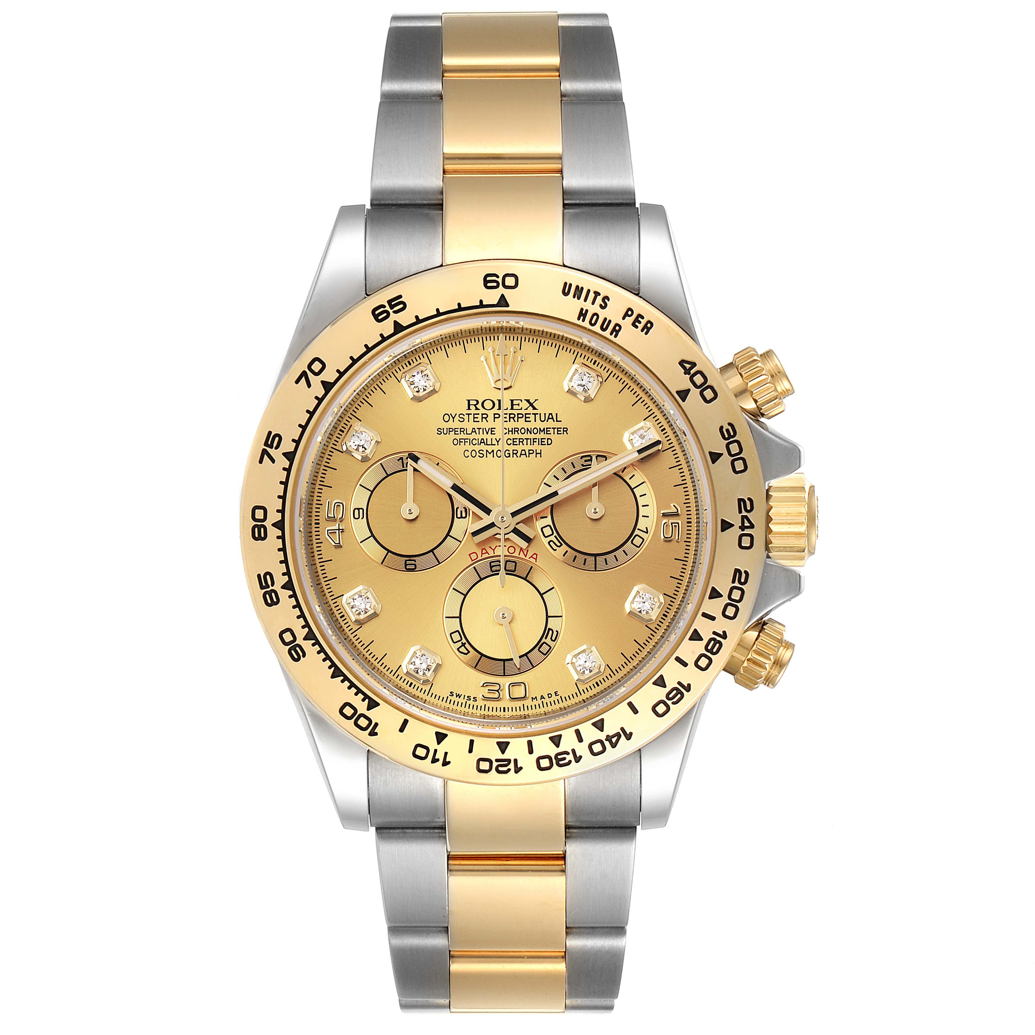 The image displays a frontal view of a Rolex Daytona 116503 Men's Steel and Gold (two tone) Champagne Dial 116503 Men's Steel and Gold (two tone) Champagne Dial watch, showcasing its gold and silver bracelet, and gold dial with chronograph features.