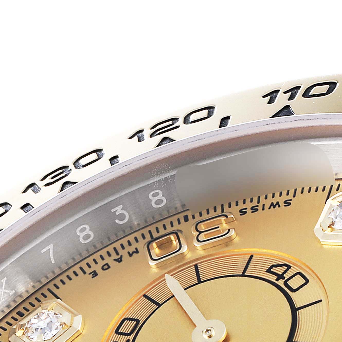 The image shows a close-up of the bezel and dial of a Rolex Daytona 116503 Men's Steel and Gold (two tone) Champagne Dial 116503 Men's Steel and Gold (two tone) Champagne Dial watch, focusing on the tachymeter scale and minute markers.