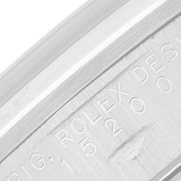 This is an angled close-up of the case edge engraving on a Rolex Date 15200 Men's Stainless Steel Blue Dial 15200 Men's Stainless Steel Blue Dial model watch.