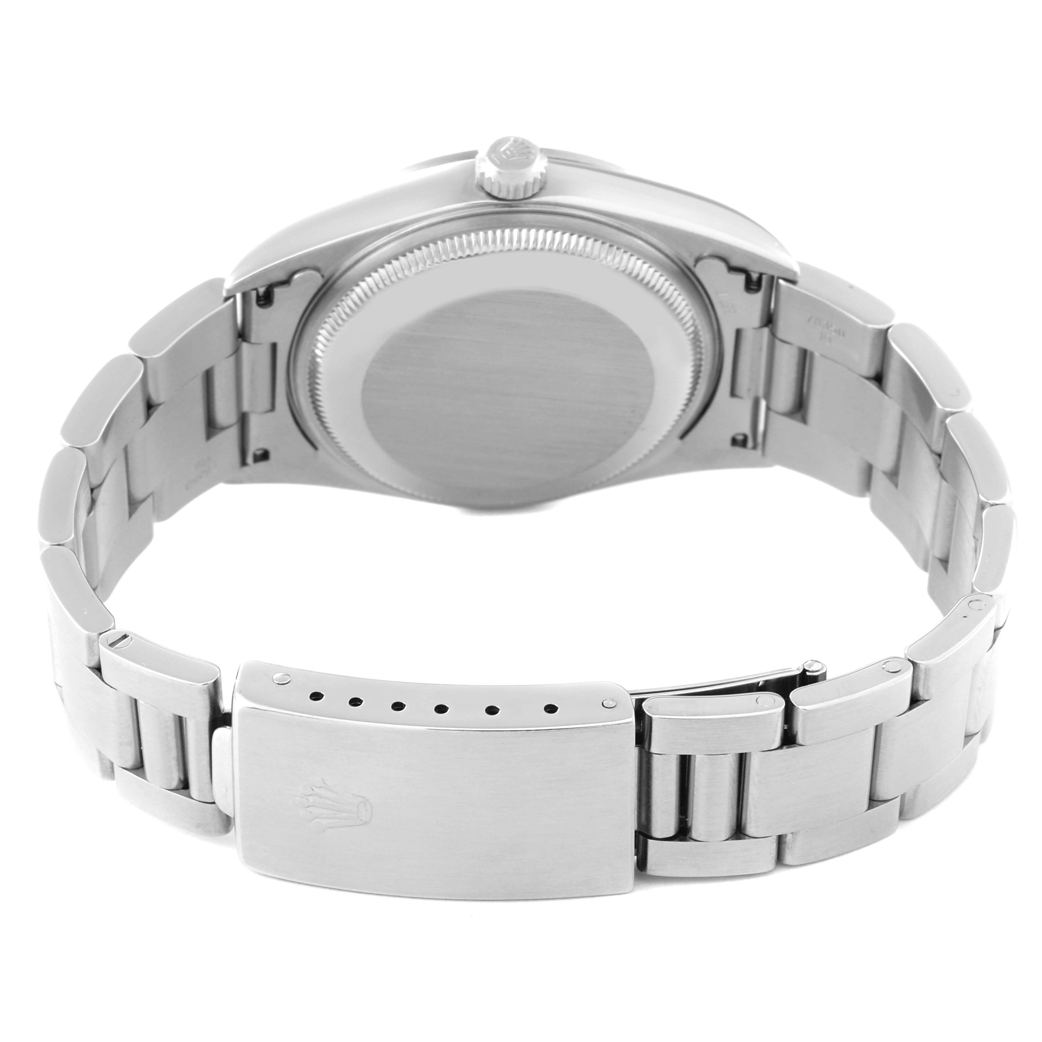 The image shows the back view of the Rolex Date 15200 Men's Stainless Steel Blue Dial 15200 Men's Stainless Steel Blue Dial model watch, highlighting the case back and bracelet with the clasp.