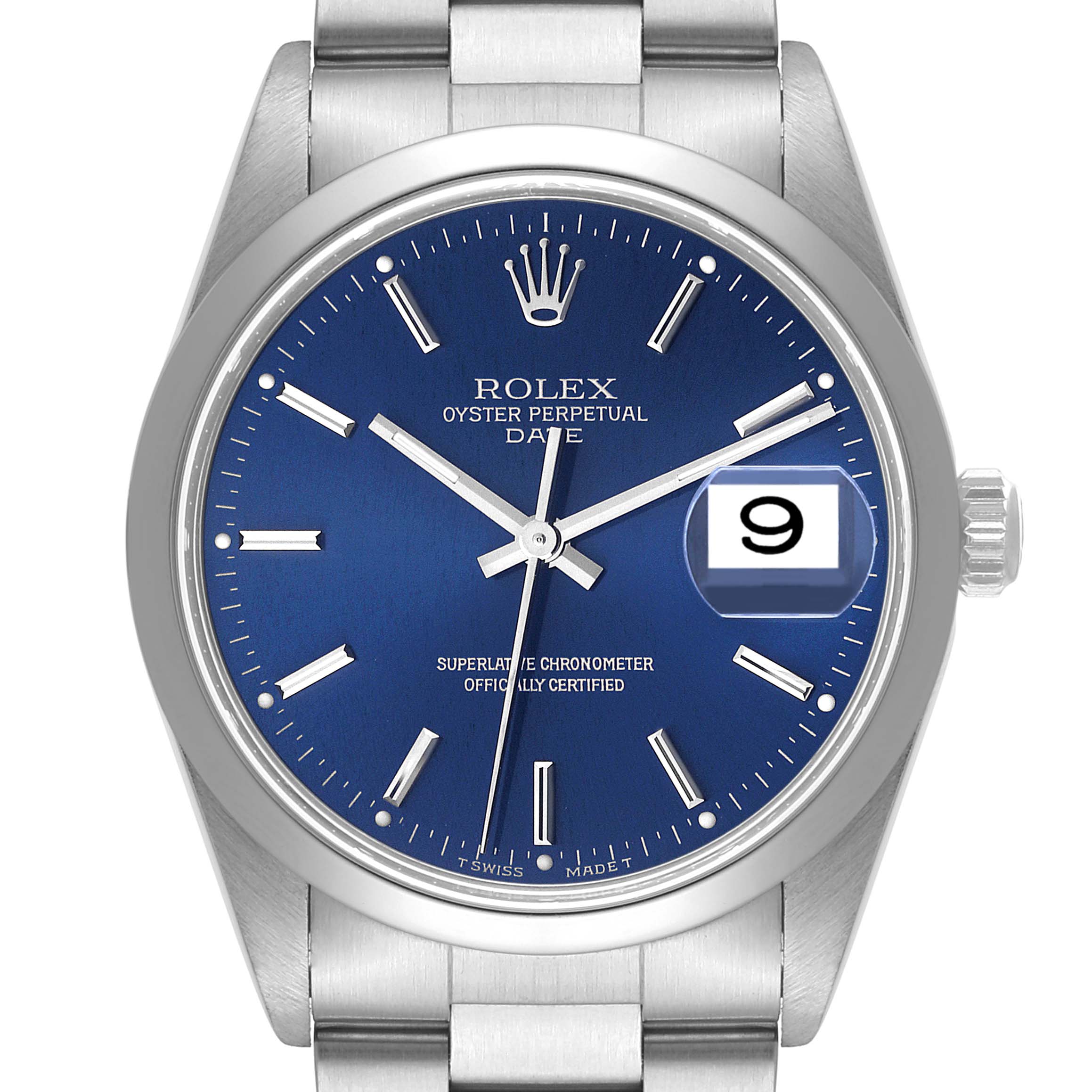 The image shows a front view of a Rolex Date 15200 Men's Stainless Steel Blue Dial 15200 Men's Stainless Steel Blue Dial model watch, highlighting the blue dial, date window, and stainless steel bracelet.
