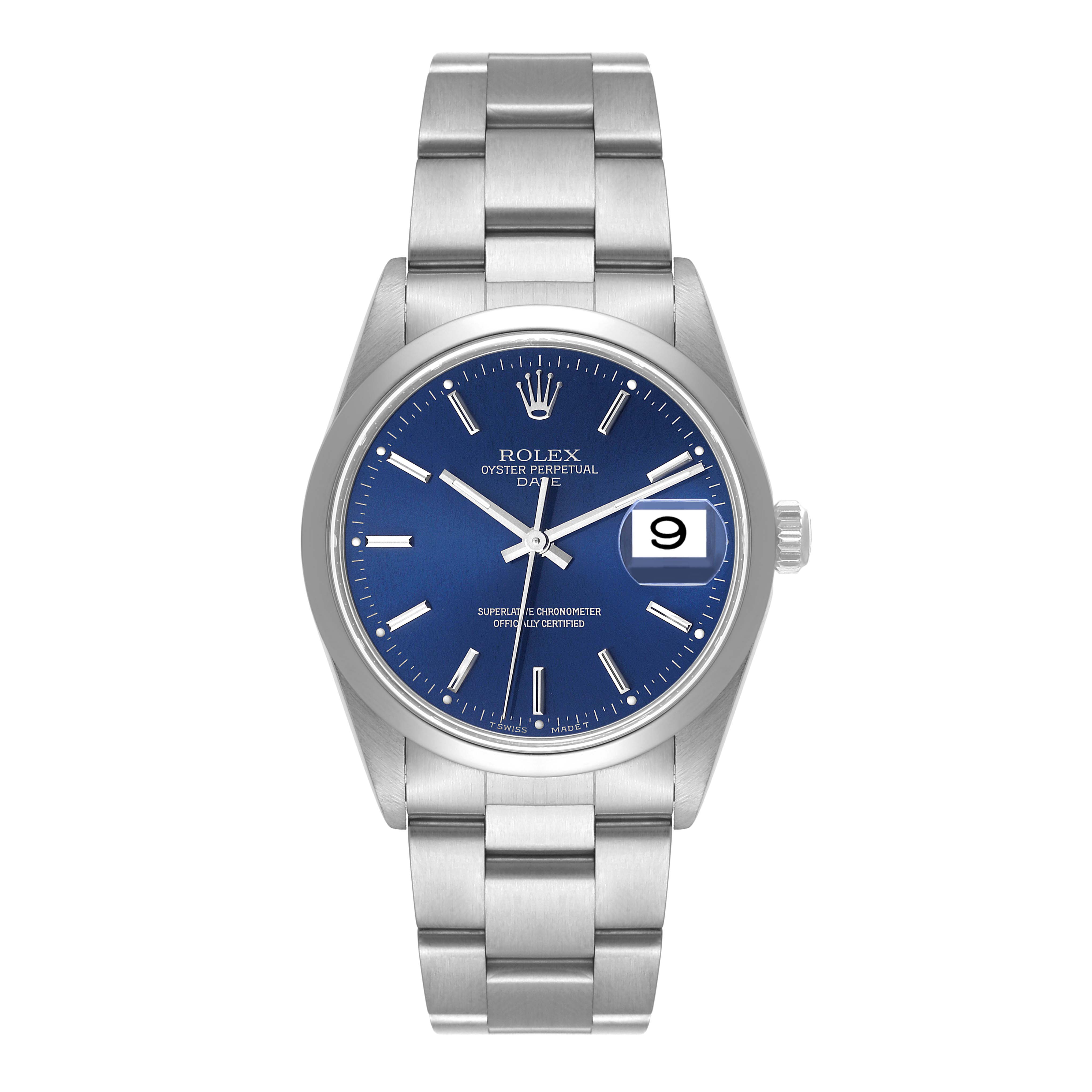 This is a front view of a Rolex Date 15200 Men's Stainless Steel Blue Dial 15200 Men's Stainless Steel Blue Dial model watch showing the face, hands, date window, and bracelet.