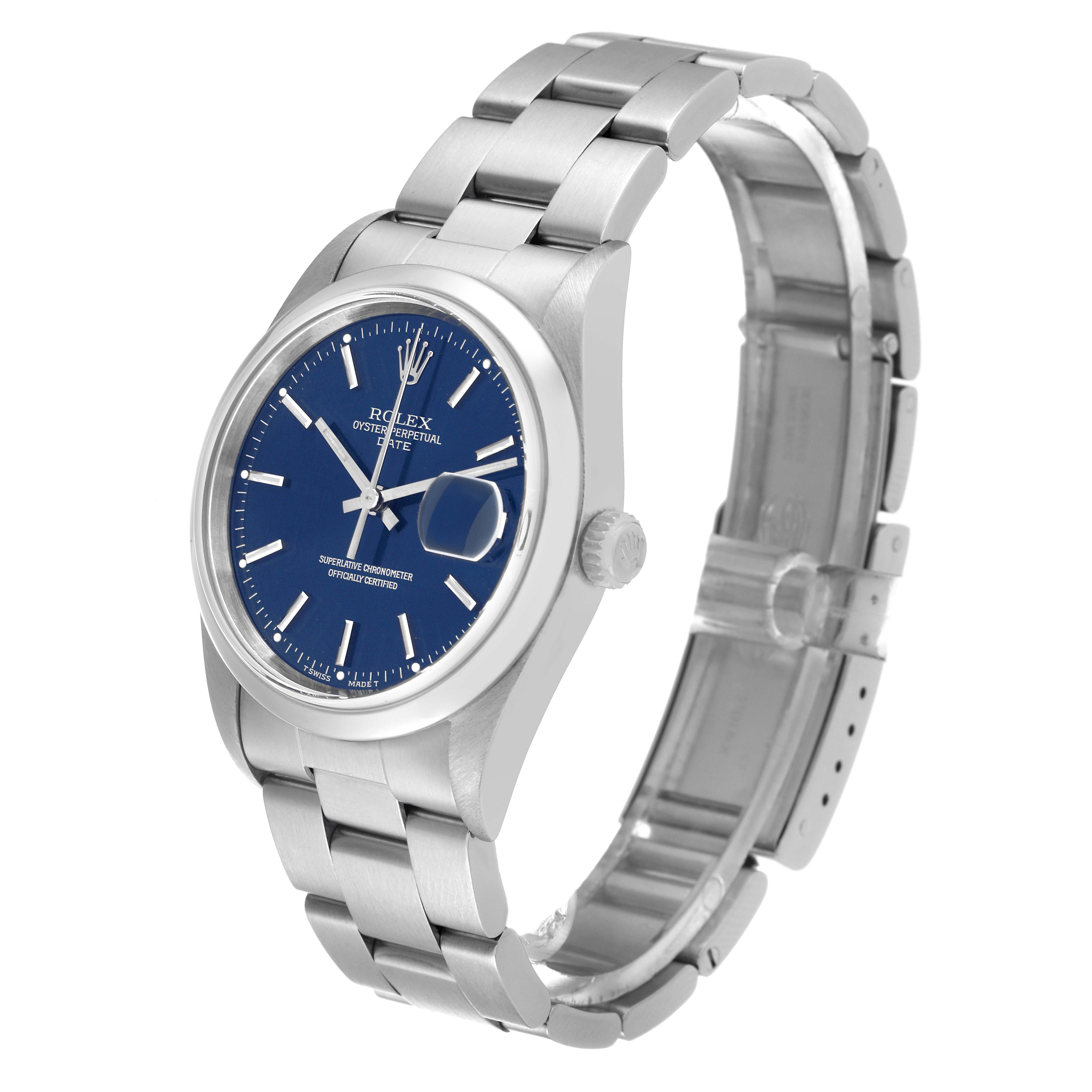 The Rolex Date 15200 Men's Stainless Steel Blue Dial 15200 Men's Stainless Steel Blue Dial model watch is shown at a three-quarter angle, displaying the face, crown, and bracelet.