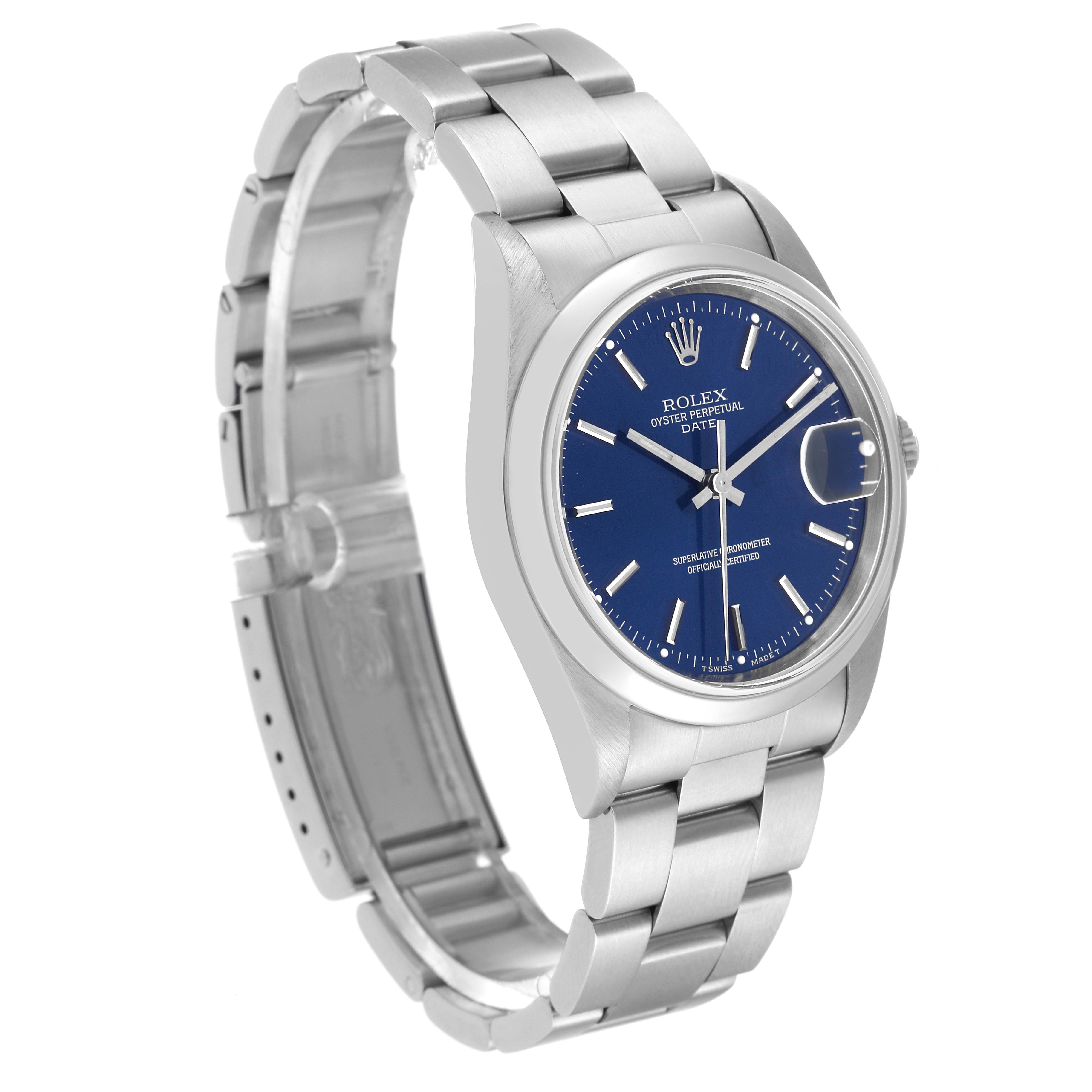 The Rolex Date 15200 Men's Stainless Steel Blue Dial 15200 Men's Stainless Steel Blue Dial model watch is shown at a three-quarter angle, displaying the blue dial, bracelet, and partially open clasp.