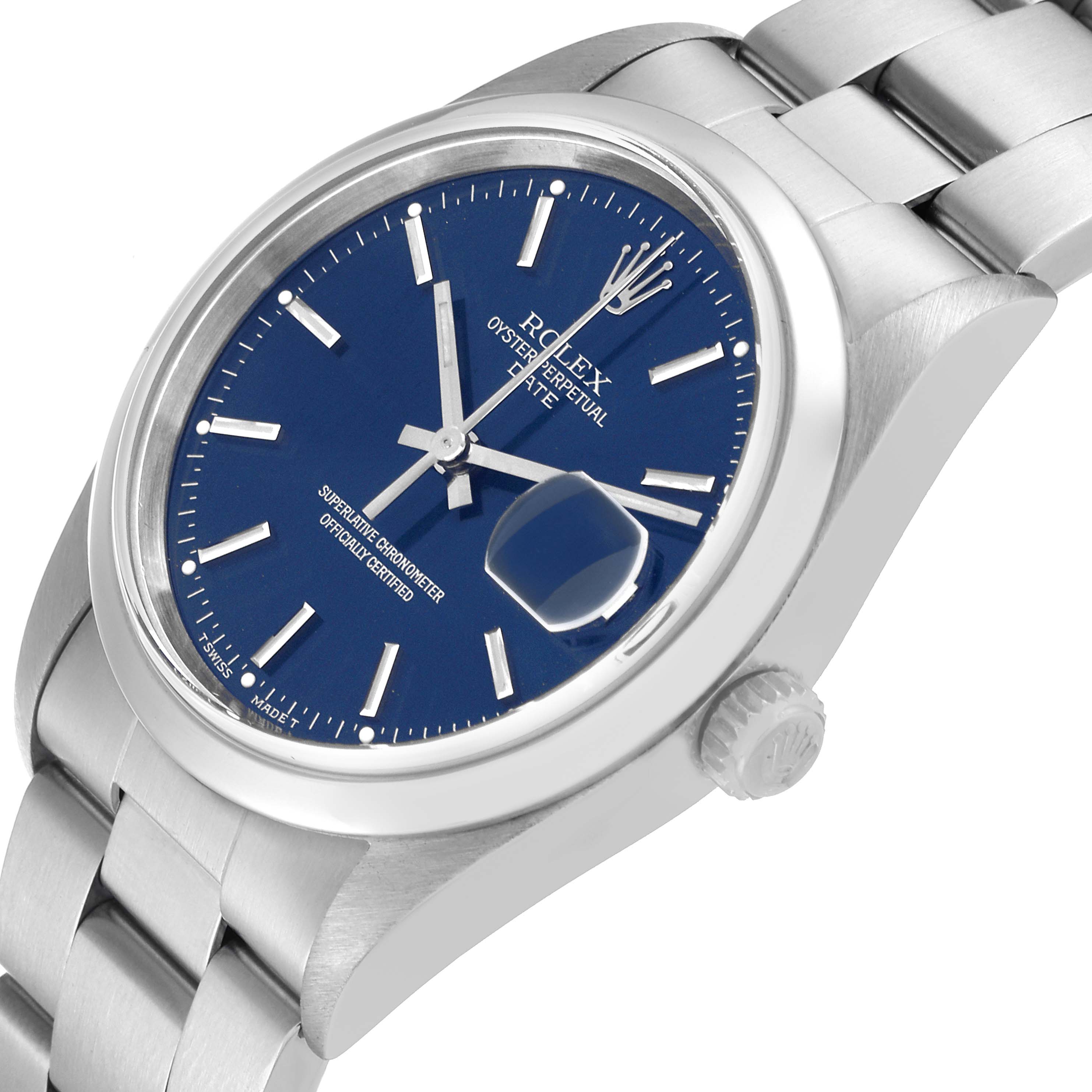 The image shows a side angle of the Rolex Date 15200 Men's Stainless Steel Blue Dial 15200 Men's Stainless Steel Blue Dial model, featuring its blue dial, bracelet, and crown.