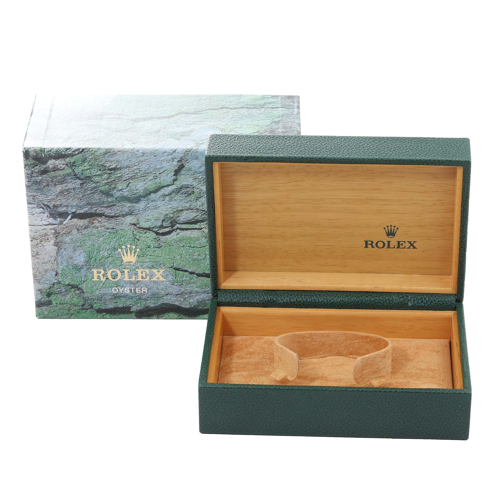 The image shows an open green and wooden Rolex box for the Date model, with its outer packaging.