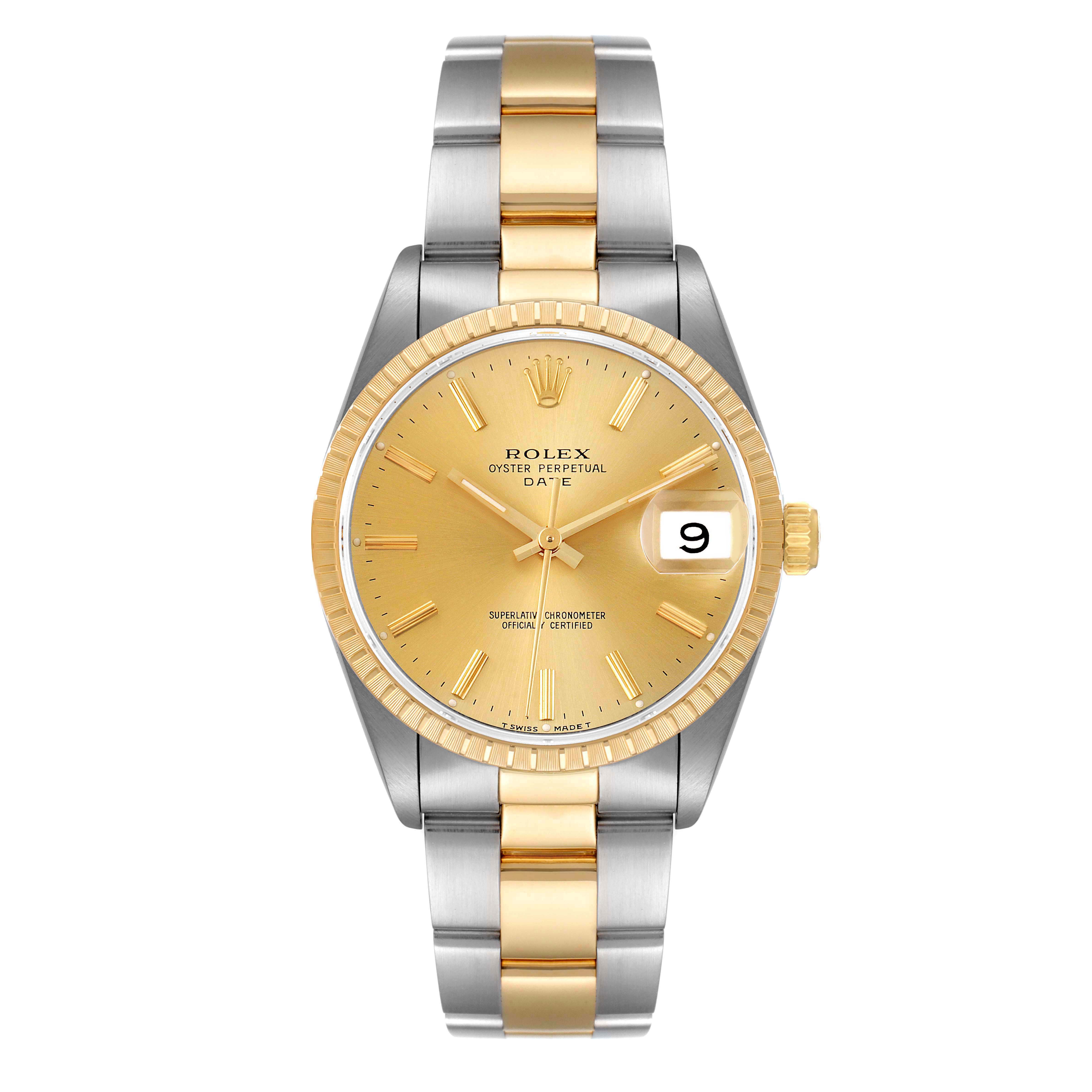 The image shows a full frontal view of a Rolex Oyster Perpetual Date watch with a gold dial and a two-tone bracelet.