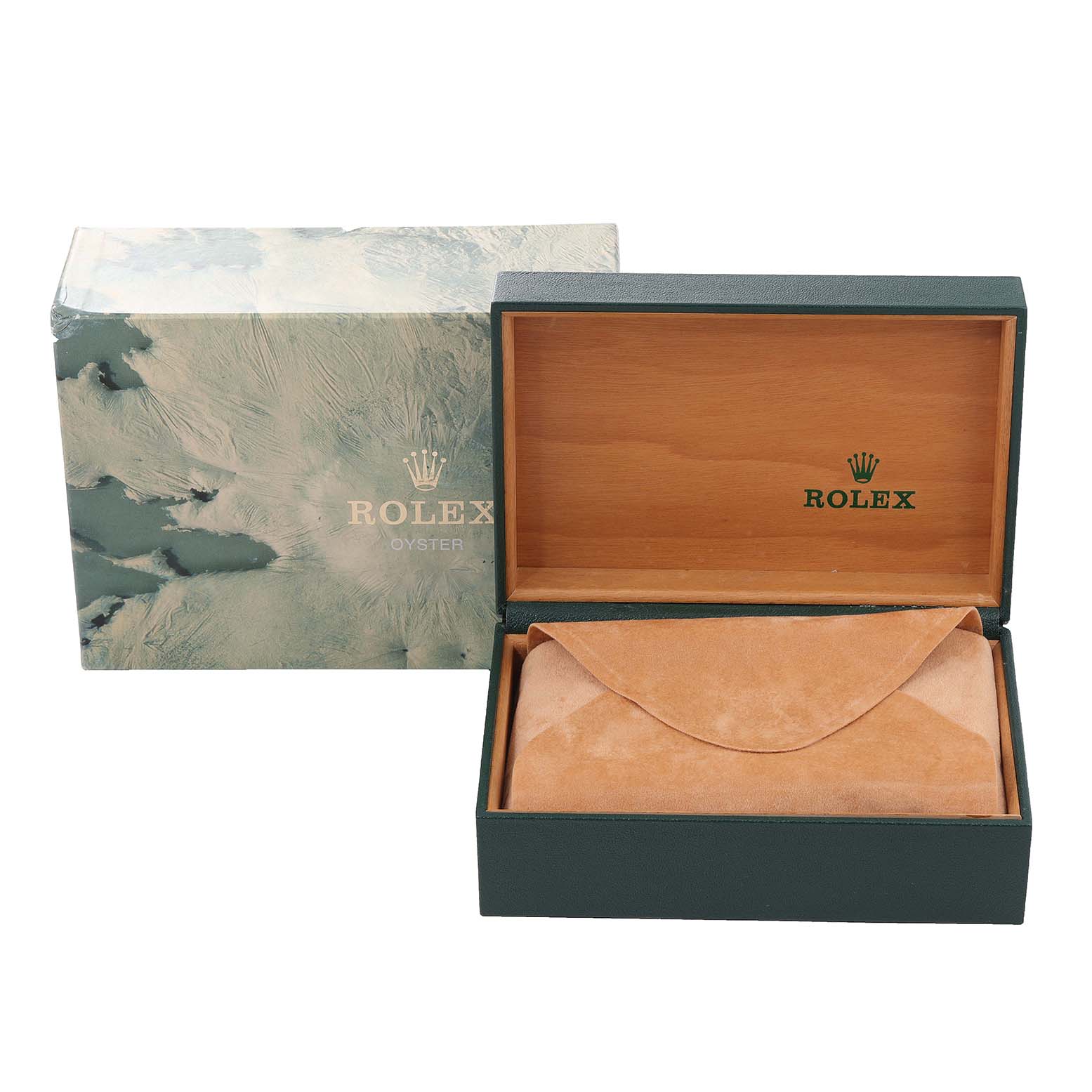 The image shows an open Rolex Date 15223 Men's Steel and Gold (two tone) Champagne Dial 15223 Men's Steel and Gold (two tone) Champagne Dial watch box with an outer sleeve and an inner suede pouch.