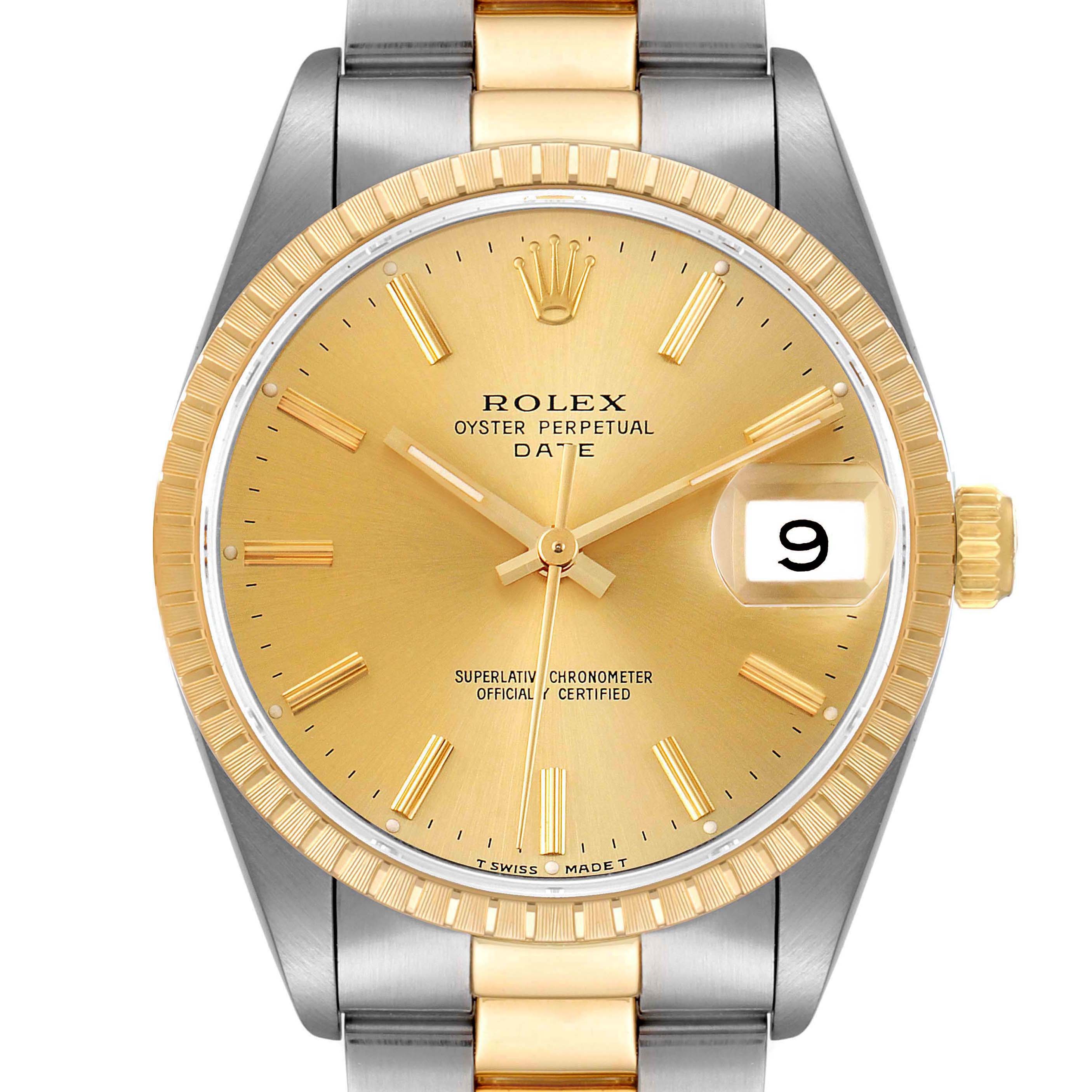 The image shows a close-up view of the dial and bezel of a Rolex Date 15223 Men's Steel and Gold (two tone) Champagne Dial 15223 Men's Steel and Gold (two tone) Champagne Dial model watch.