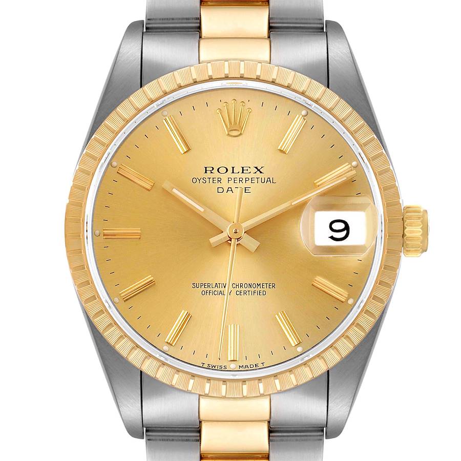 Rolex Date Baton Dial Oyster Bracelet Steel Yellow Gold Mens Watch 15223 SwissWatchExpo