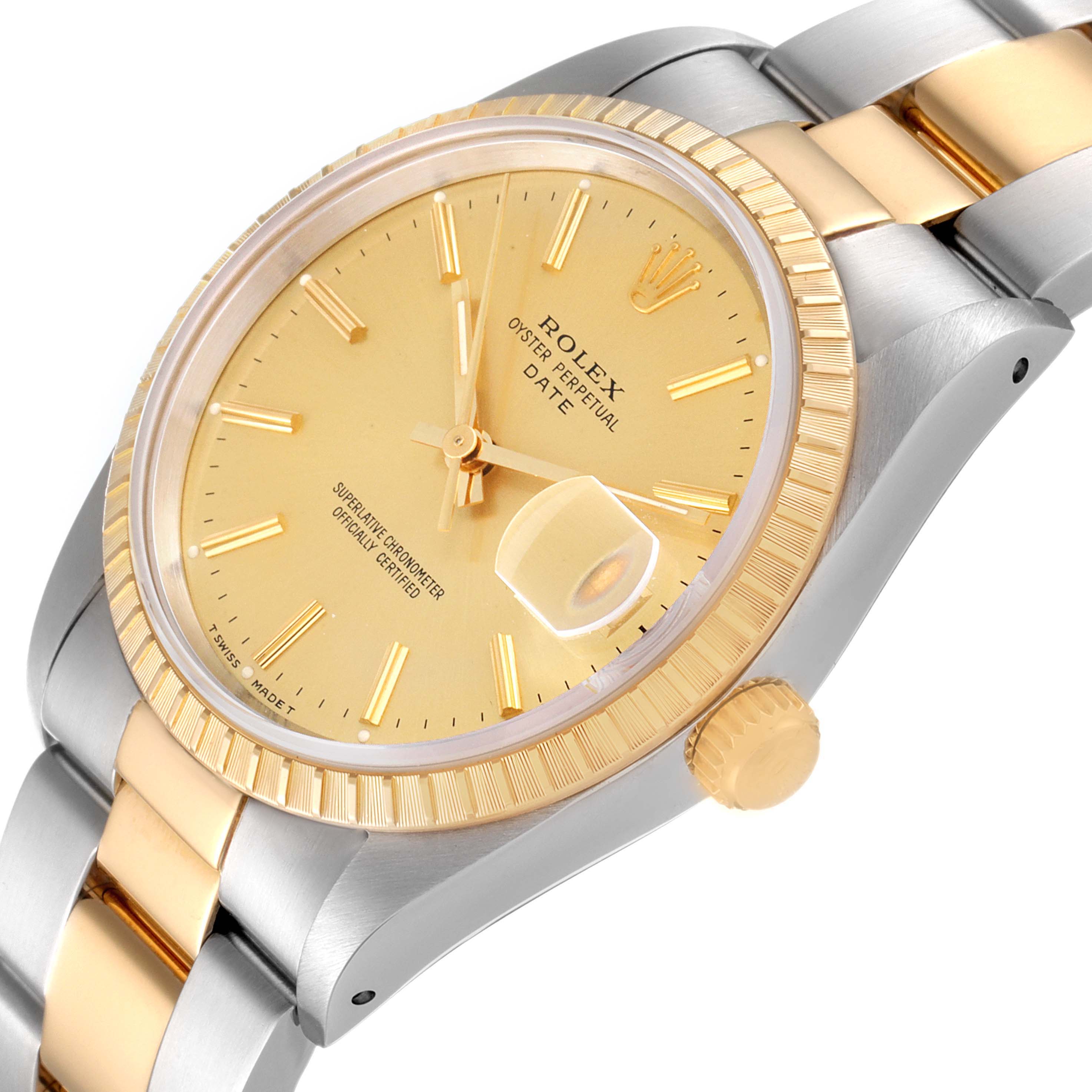 The image shows a close-up angle of a Rolex Date 15223 Men's Steel and Gold (two tone) Champagne Dial 15223 Men's Steel and Gold (two tone) Champagne Dial model watch, highlighting the dial, bezel, and part of the bracelet.
