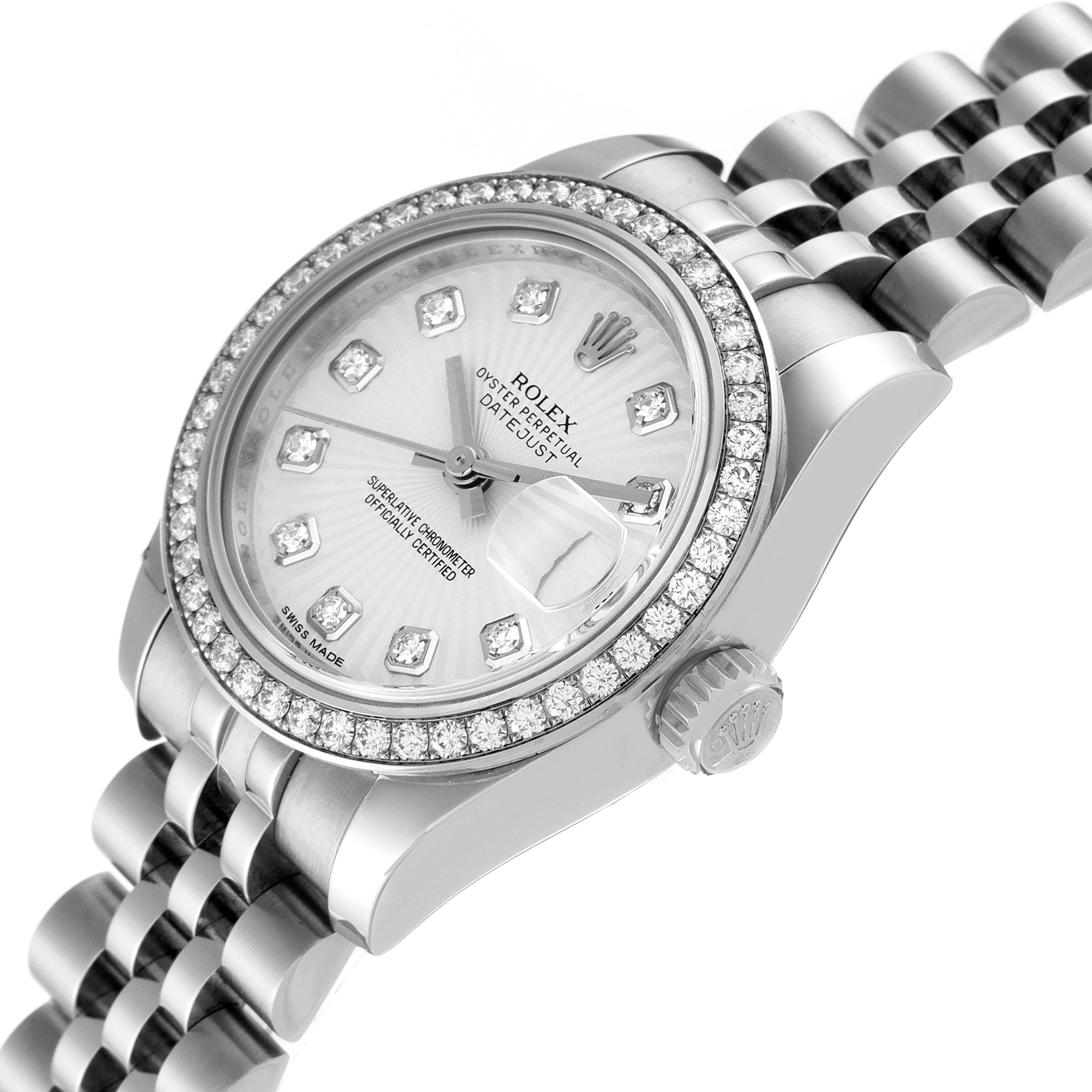 This image shows a tilted side view of a Rolex Datejust 179384 Women's Stainless Steel Silver Dial 179384 Women's Stainless Steel Silver Dial watch, detailing its diamond-studded bezel and bracelet.
